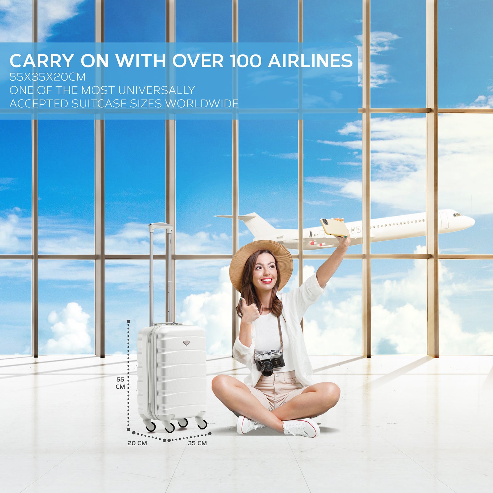 55x35x20cm Cabin Carry On Suitcase Hard Shell Overhead Luggage 100+ Airlines Approved | Cabin | White
