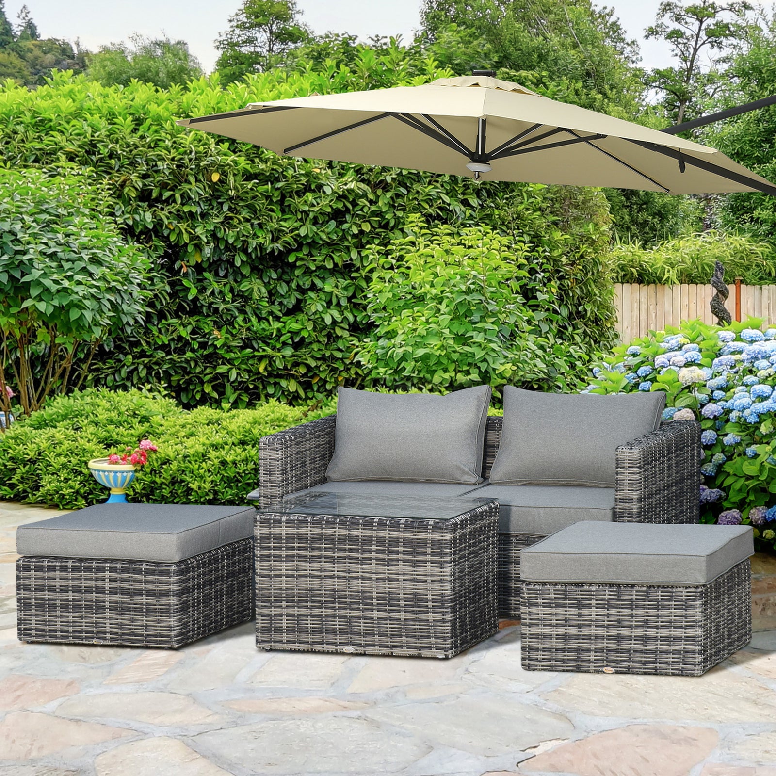 5 Pcs Pe Rattan Sofa Footstool Set Tall Glass-top Table | Gray
