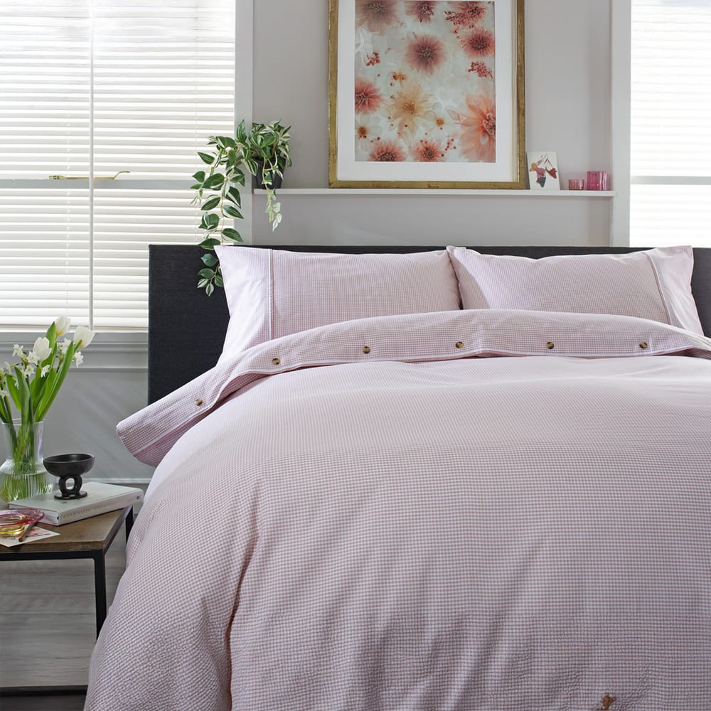 Gingham Cotton Duvet Cover Set – Soft, Breathable Fabric With Double-piped Edging | Double | Rose
