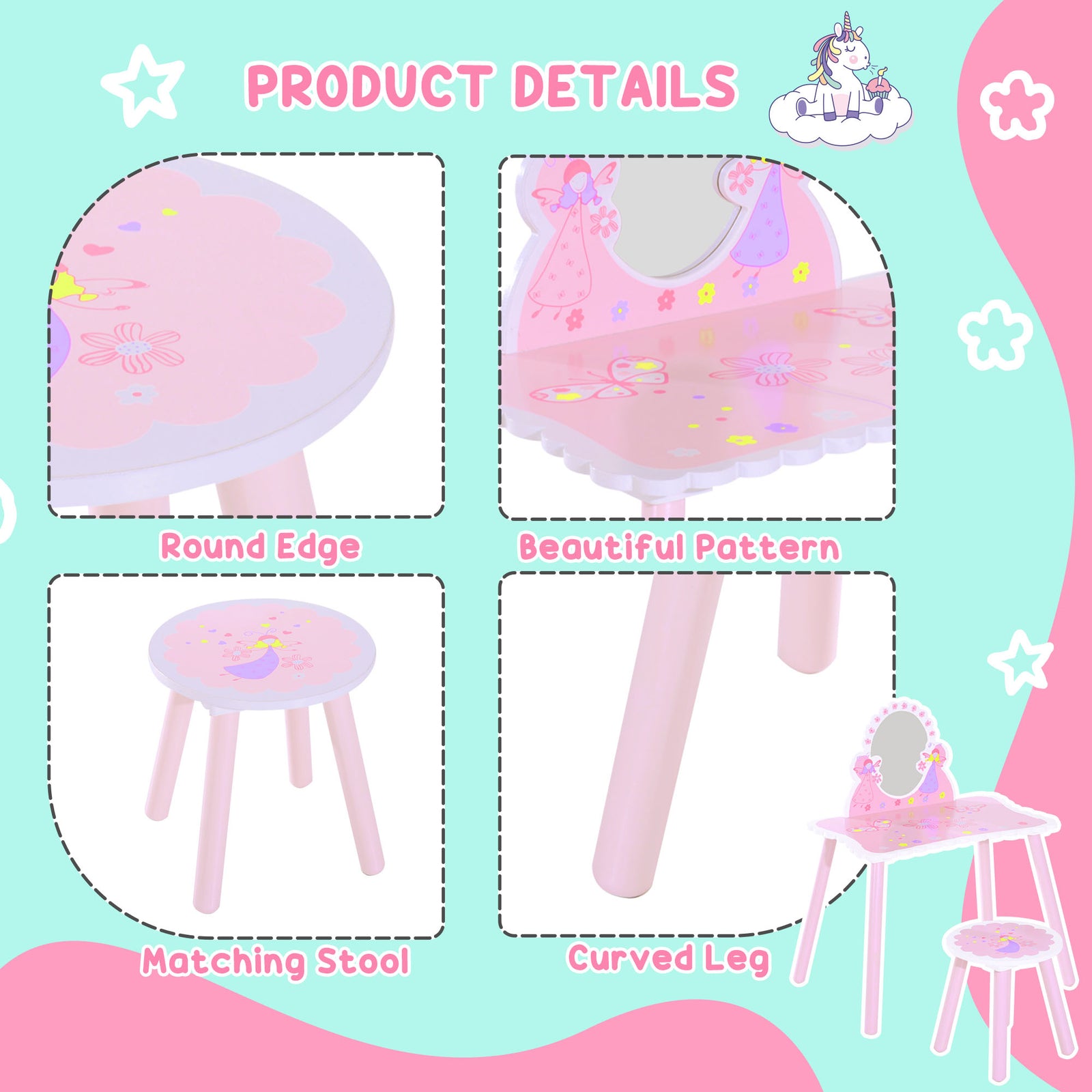 Make Up Play Set Desk Chair Mirror Girls Pink Dressing Table With Stool Mdf Pink