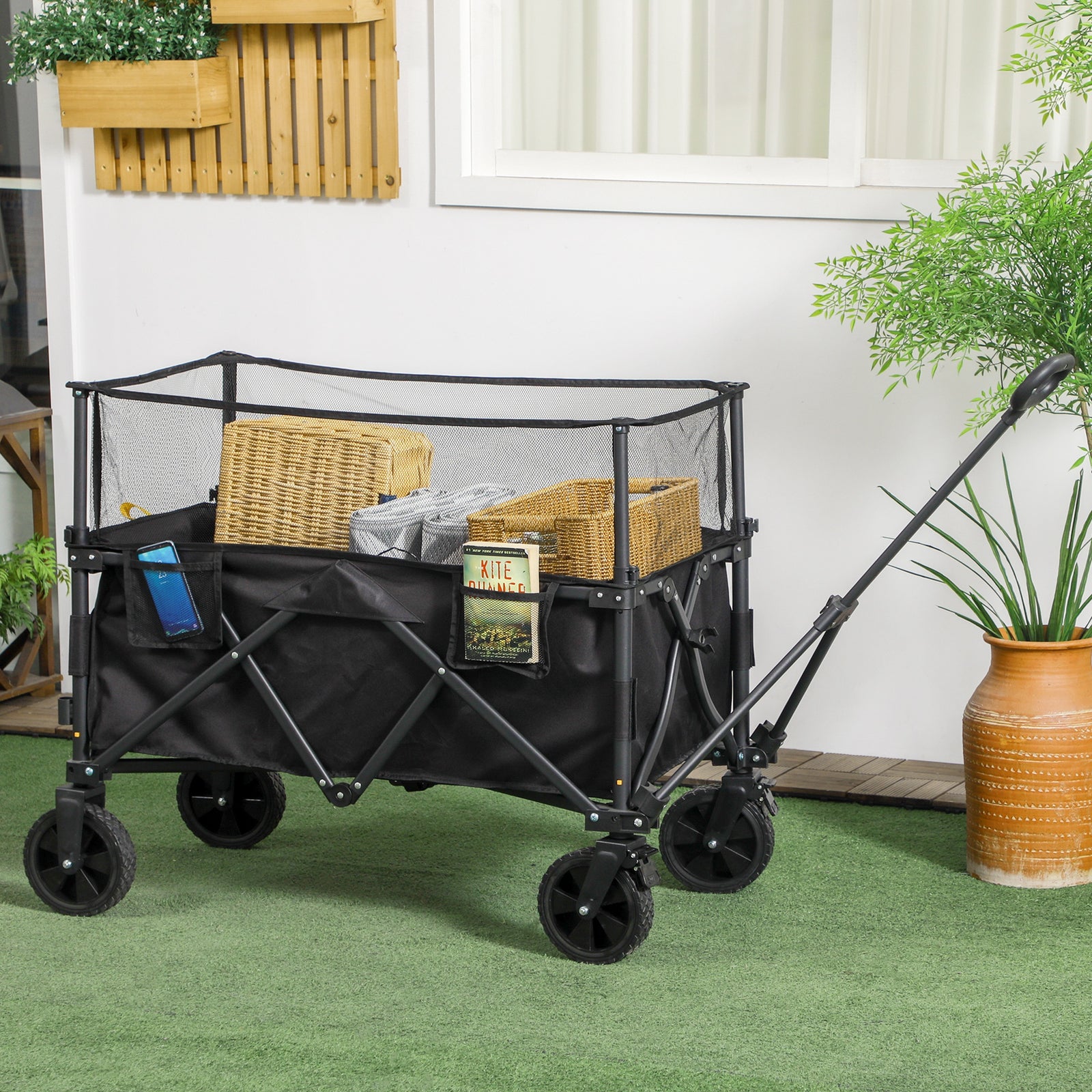 180l Folding Garden Trolley Wagon With Extendable Side Walls | Black