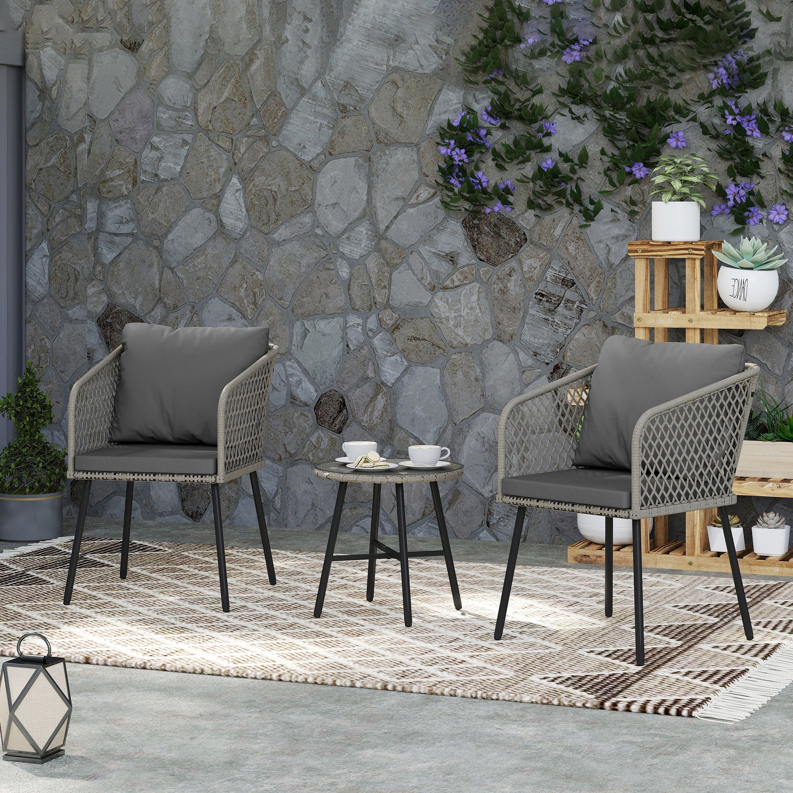 3 Piece Rattan Bistro Set, Patio Conversation Set | Gray