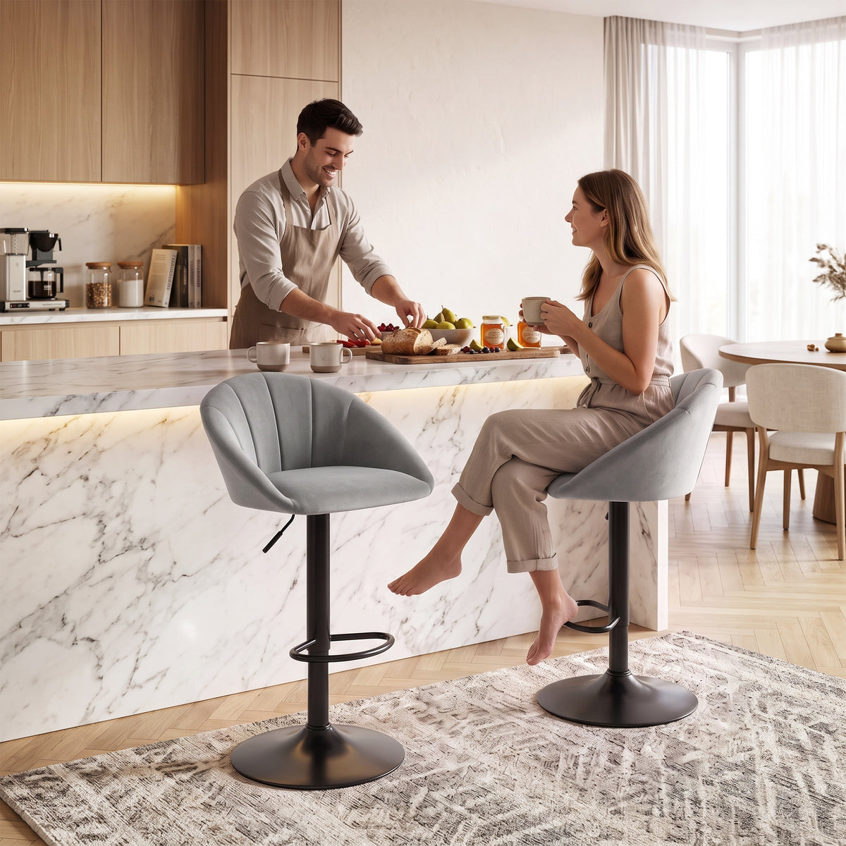 Bar Stools Set Of 2 Velvet Adjustable Swivel | Light Grey