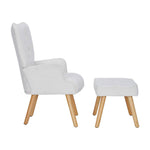 White Teddy Fabric Armchair With Ottoman, Iron Frame & Solid Oak Legs
