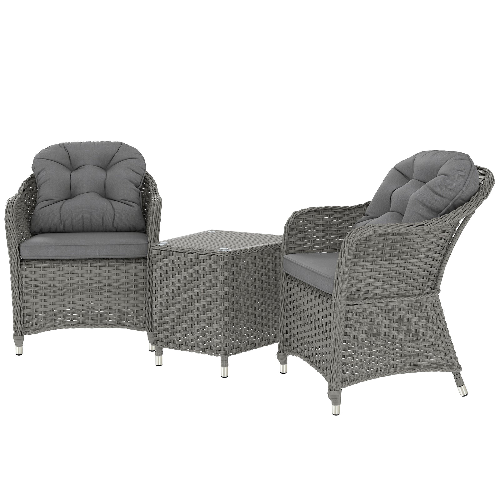 3 Pcs Aluminium Rattan Bistro Set W/ Cushions & Glass Top