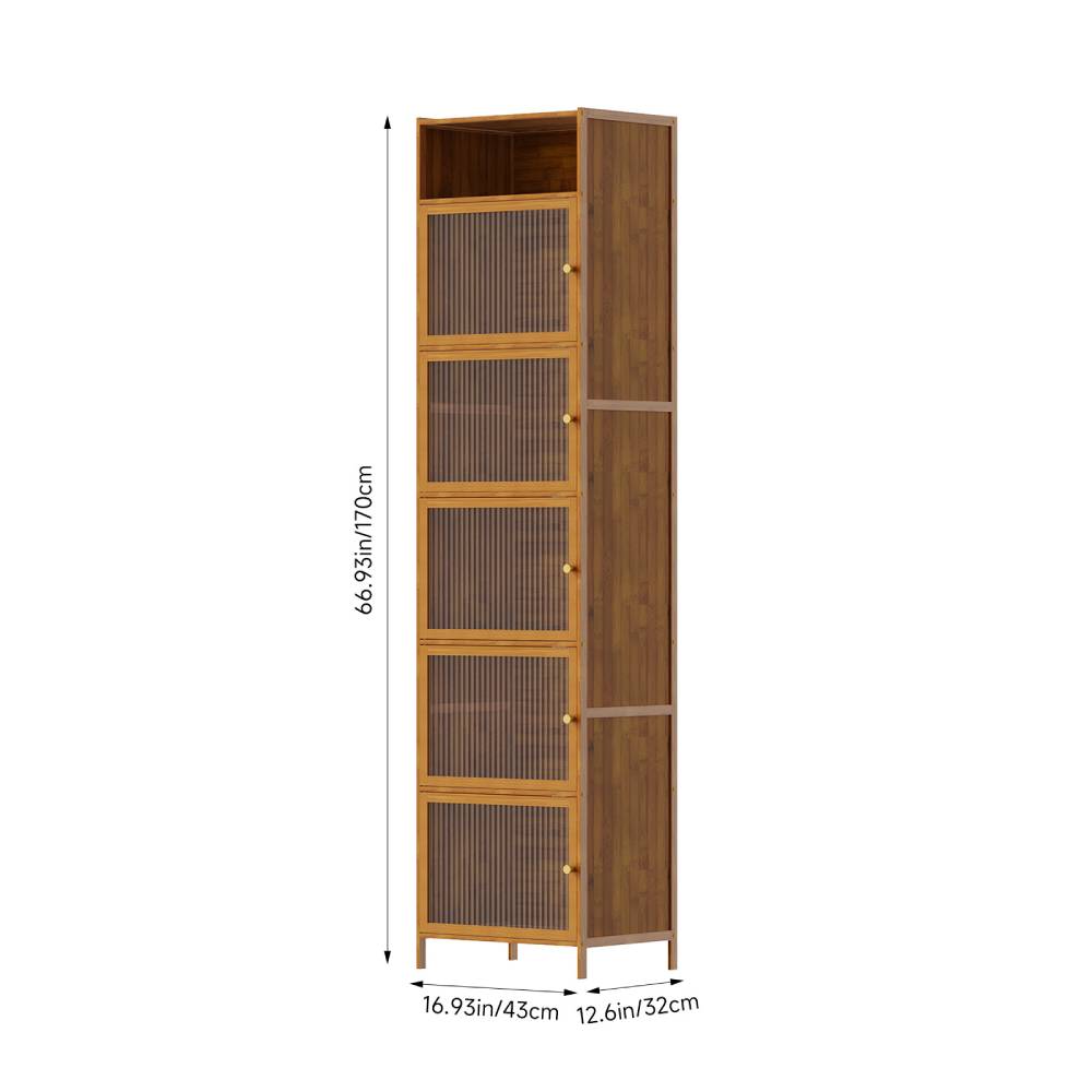 Versatile 6-tier Storage Cabinet With Transparent Doors,bamboo & Mdf Freestanding Organizer For Small Spaces