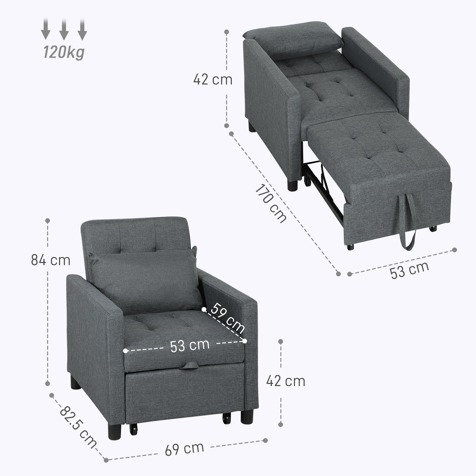 Convertible Single Chair Bed With Upholstered Fabric | Grey
