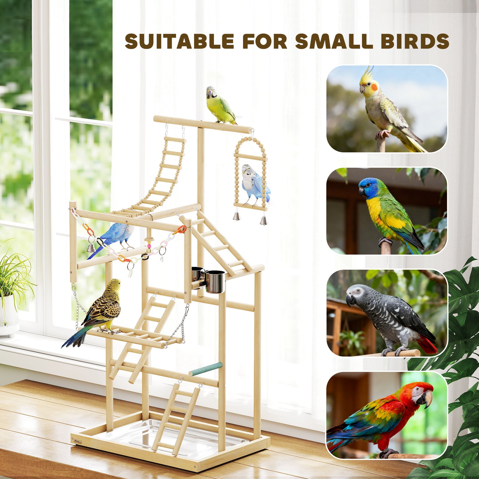 PawHut Wooden Bird Playground With Ladders, Chain Toy, Steel Cups And Tray