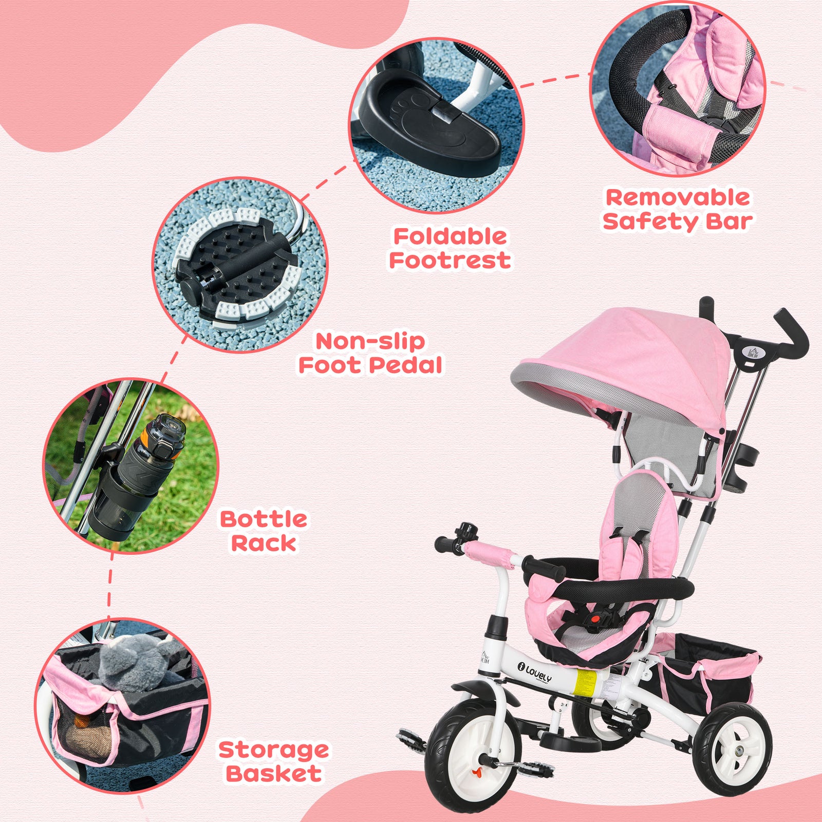6 In 1 Kids Trike, Stroller With Parent Handle | Pink