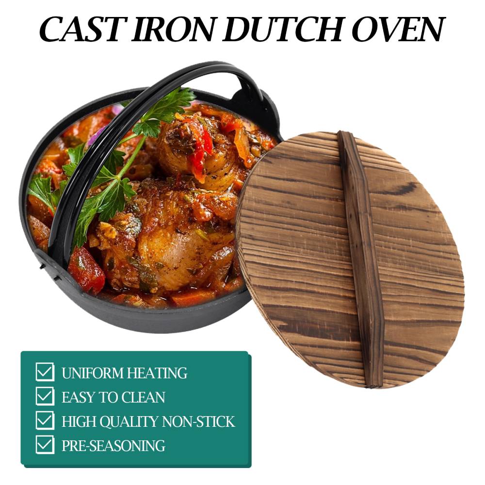 27cm/29cm Dia Cast Iron Pot With Wooden Lid For Campfire Cooking | Small | Black