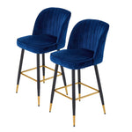 Set of 2 Royal Blue Upholstered Bar Stools, Velvet-Feel Fabric Counter Chairs with Backrest, Black & Gold Metal Legs