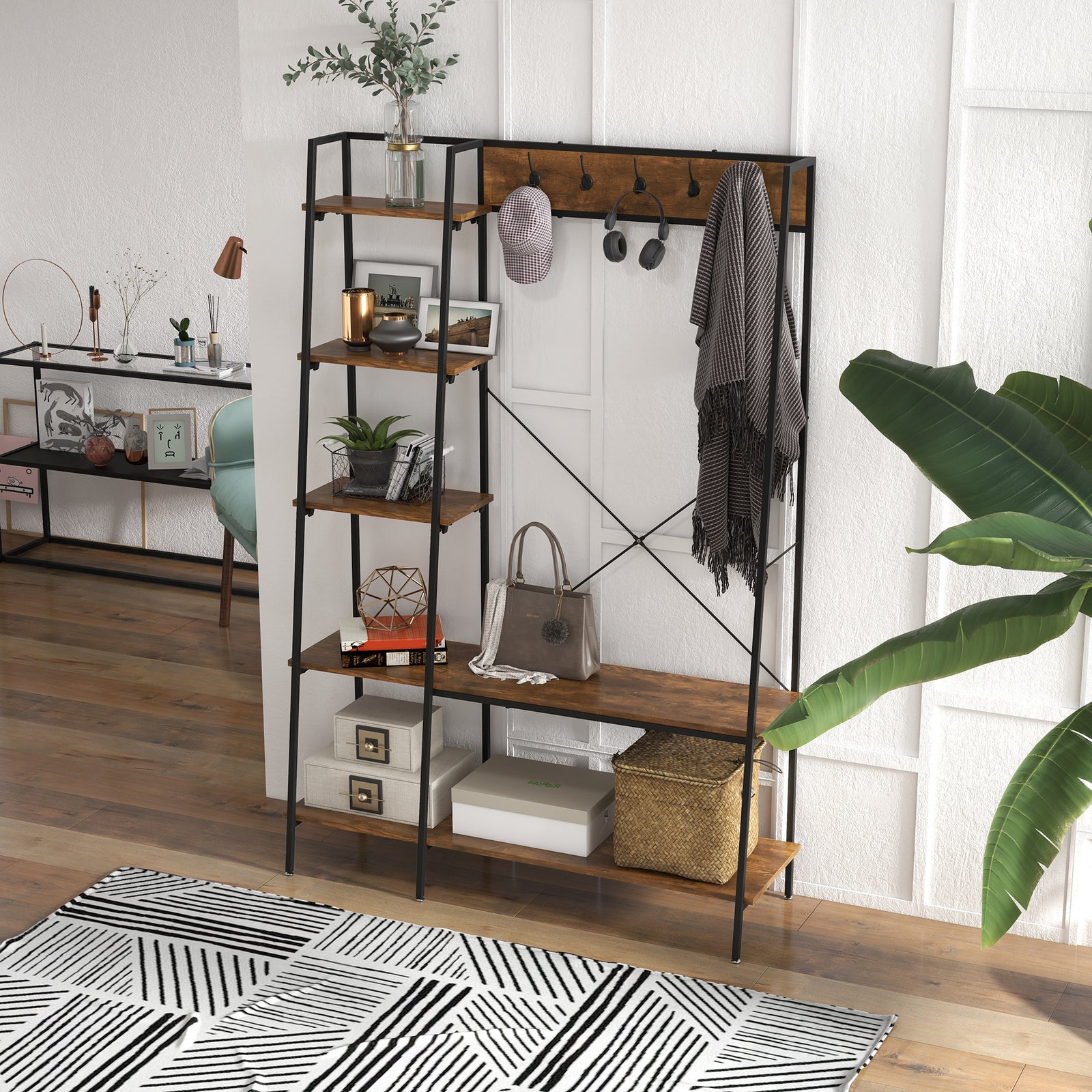 Coat Rack, Coat Stand With Shoe Storage, 5 Hooks For Hallway