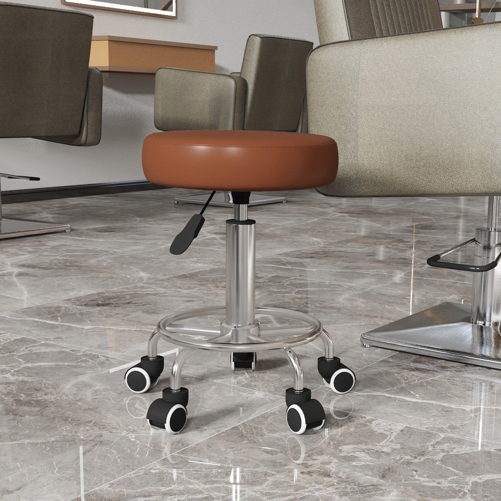 Round Pu Leather Salon Beautician Stool Adjustable Height | One Size | Brown