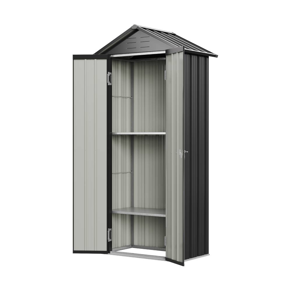 Metal Garden Storage Cabinet 2.7×1.9 Ft Apex Roof Shed With Adjustable 2 Shelves &  Lockable Double Doors | Charcoal Black