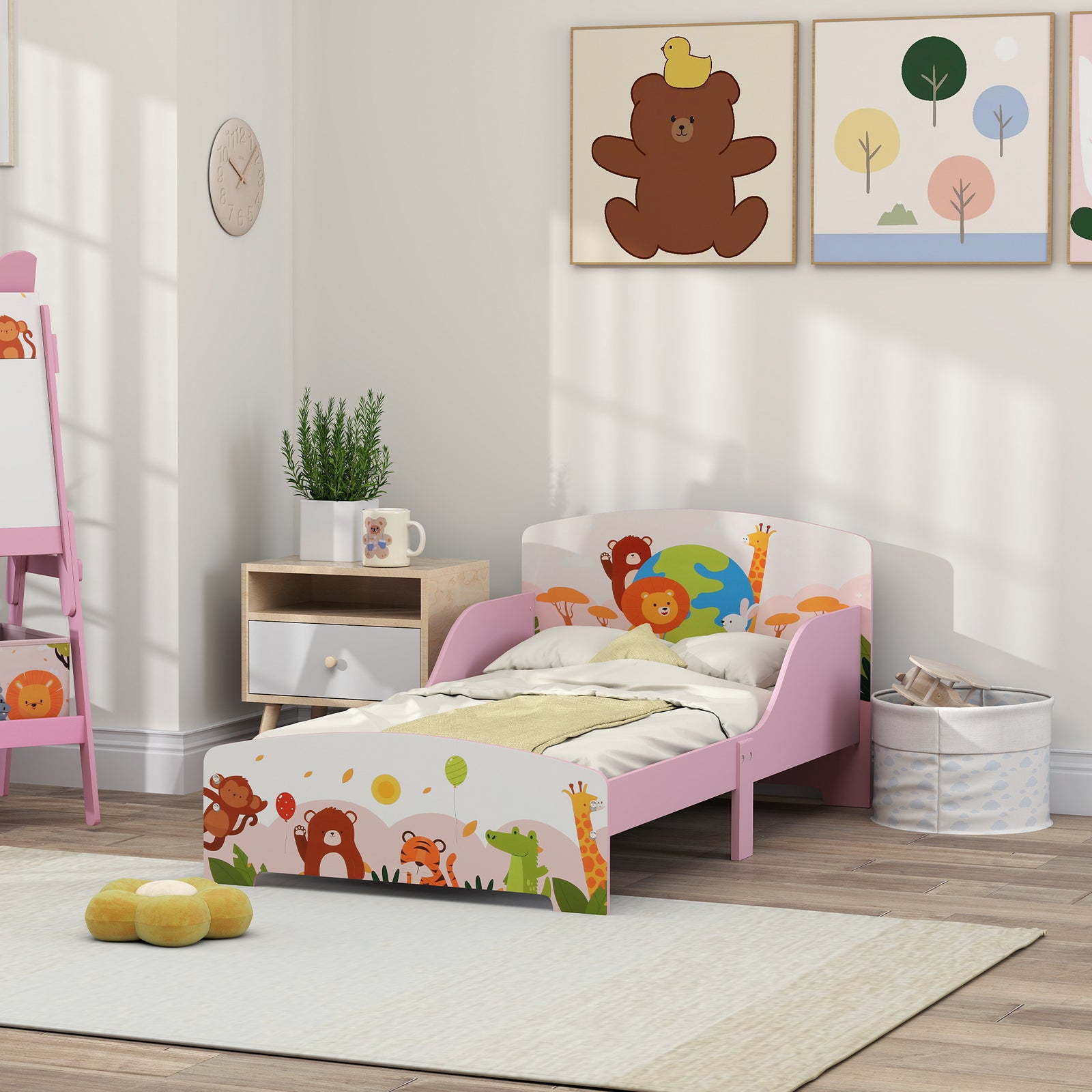 Toddler Bed, Cute Animal-themed Kids Bed Frame W/ Safety Rails, 143 X 77 X 60cm