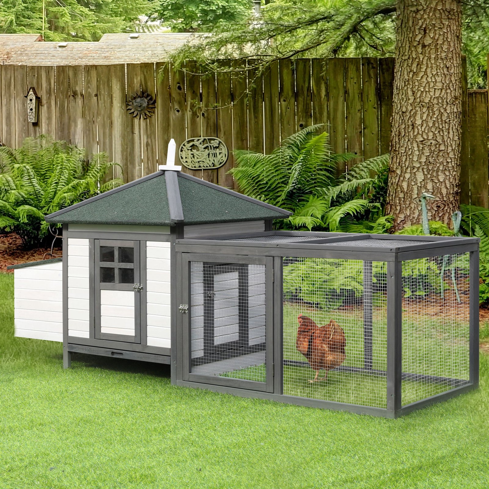 Pawhut Chicken Coop Hen Poultry House W/ Nesting Box Outdoor Run Patio Wooden | Gray