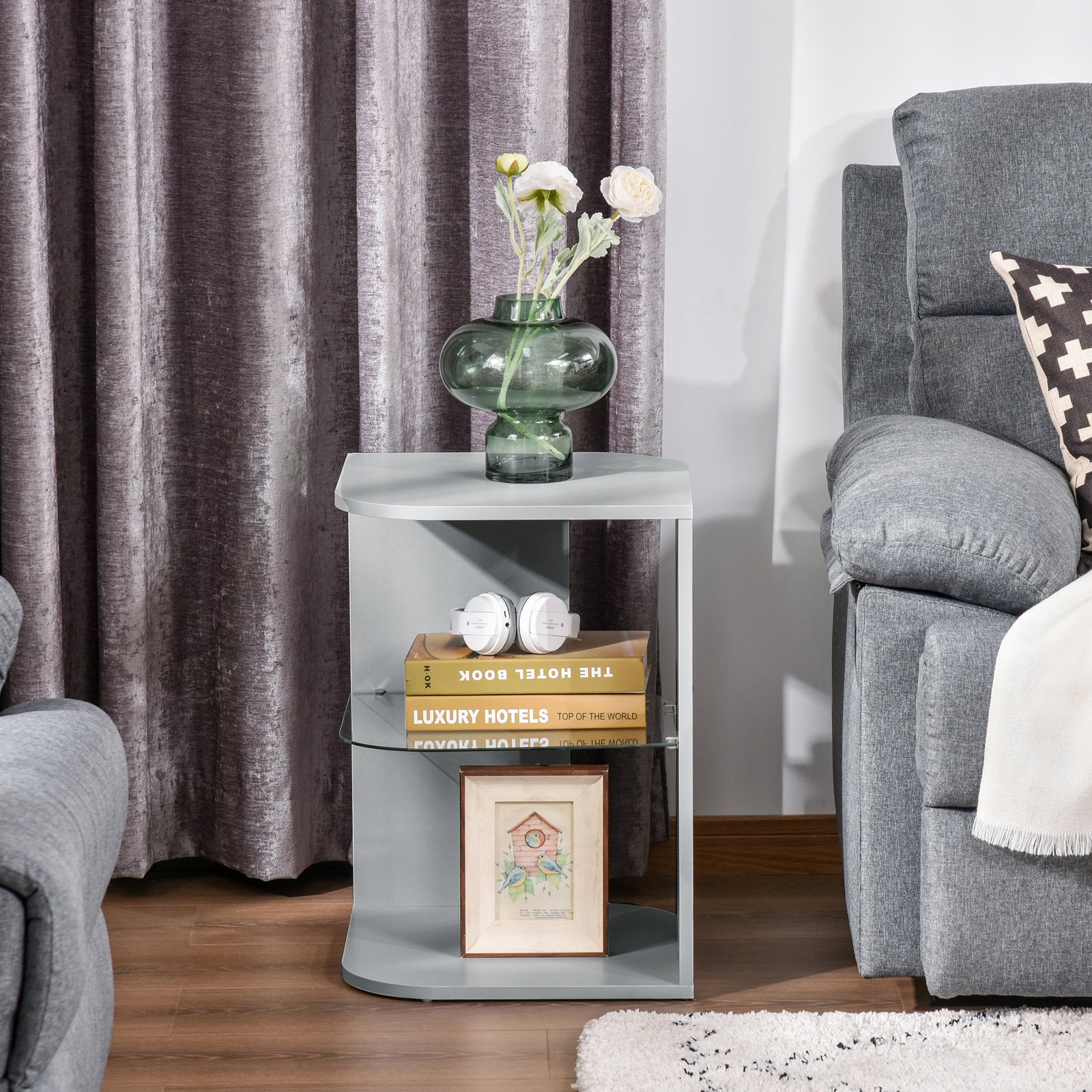 Side Table Three Layer Bedside Table Nightstand W/ 2 Shelves | Gray