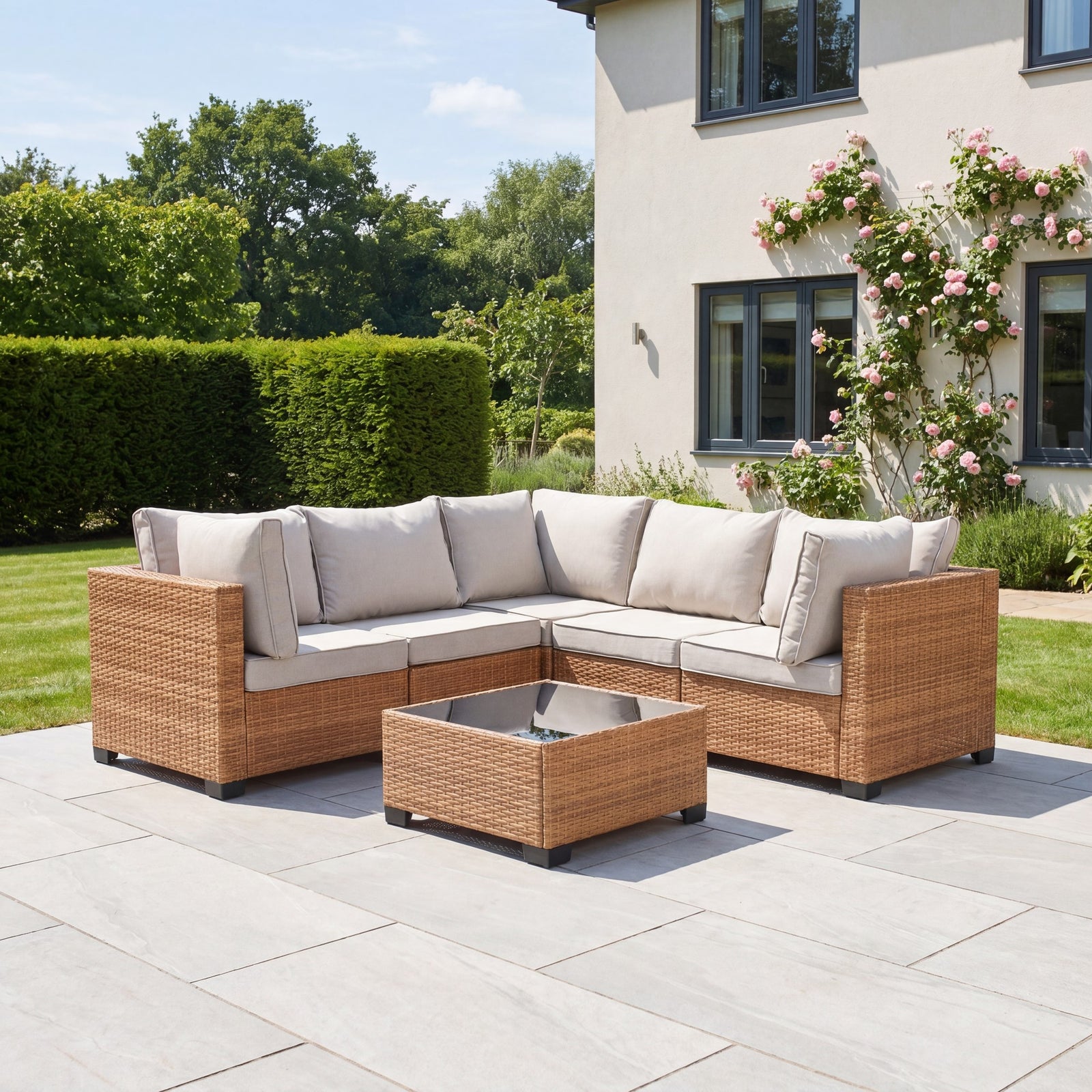 Saviano 5 Seat Modular L-shaped Rattan Corner Set | Cream & Brown