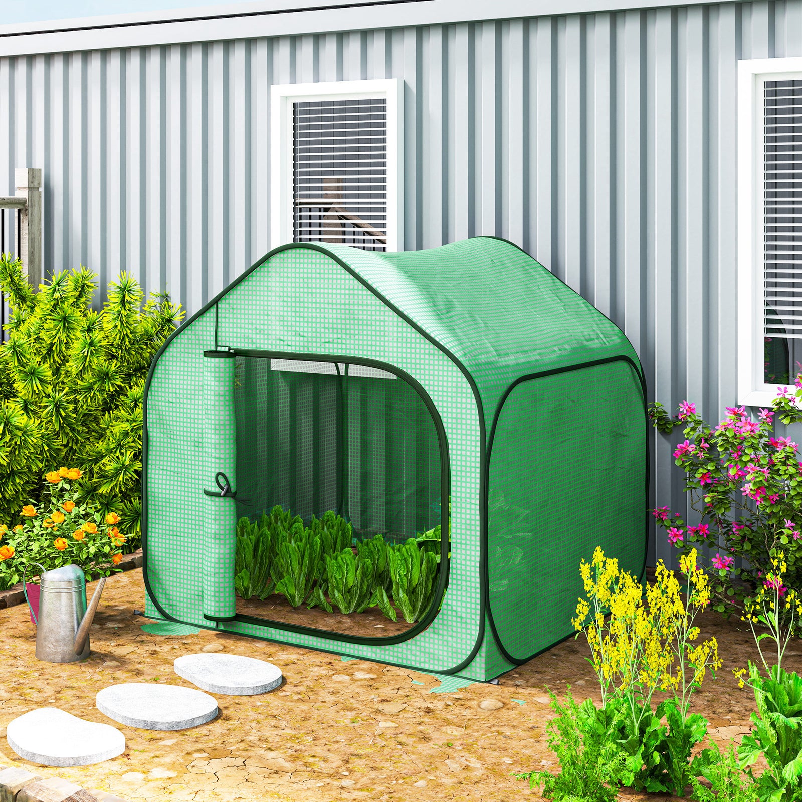 Mini Pop Up Greenhouse W/ Reinforced Pe Cover, Zipper Door | Green