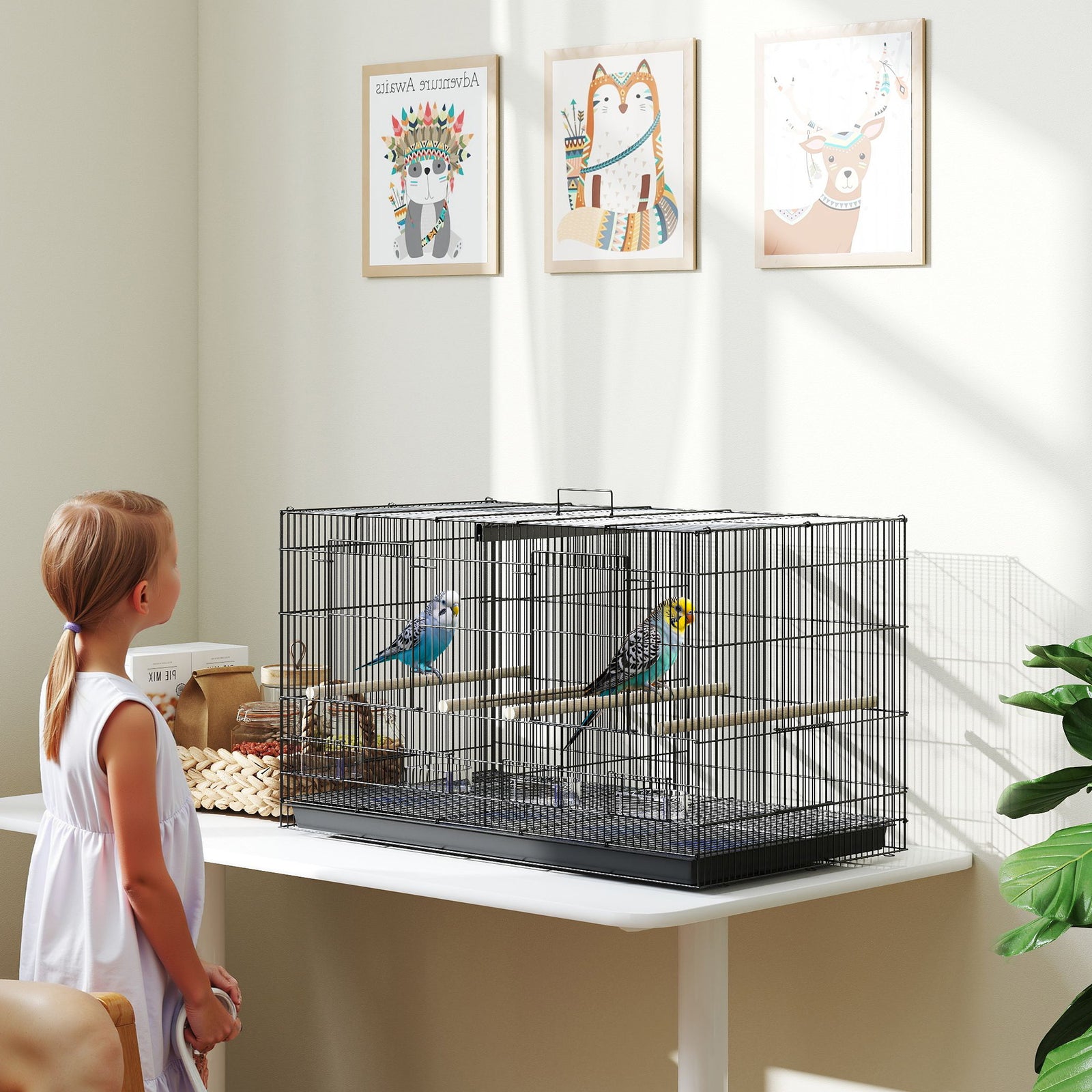 Bird Cage With Divider, 4 Wooden Perches, Slide Out Tray, Black