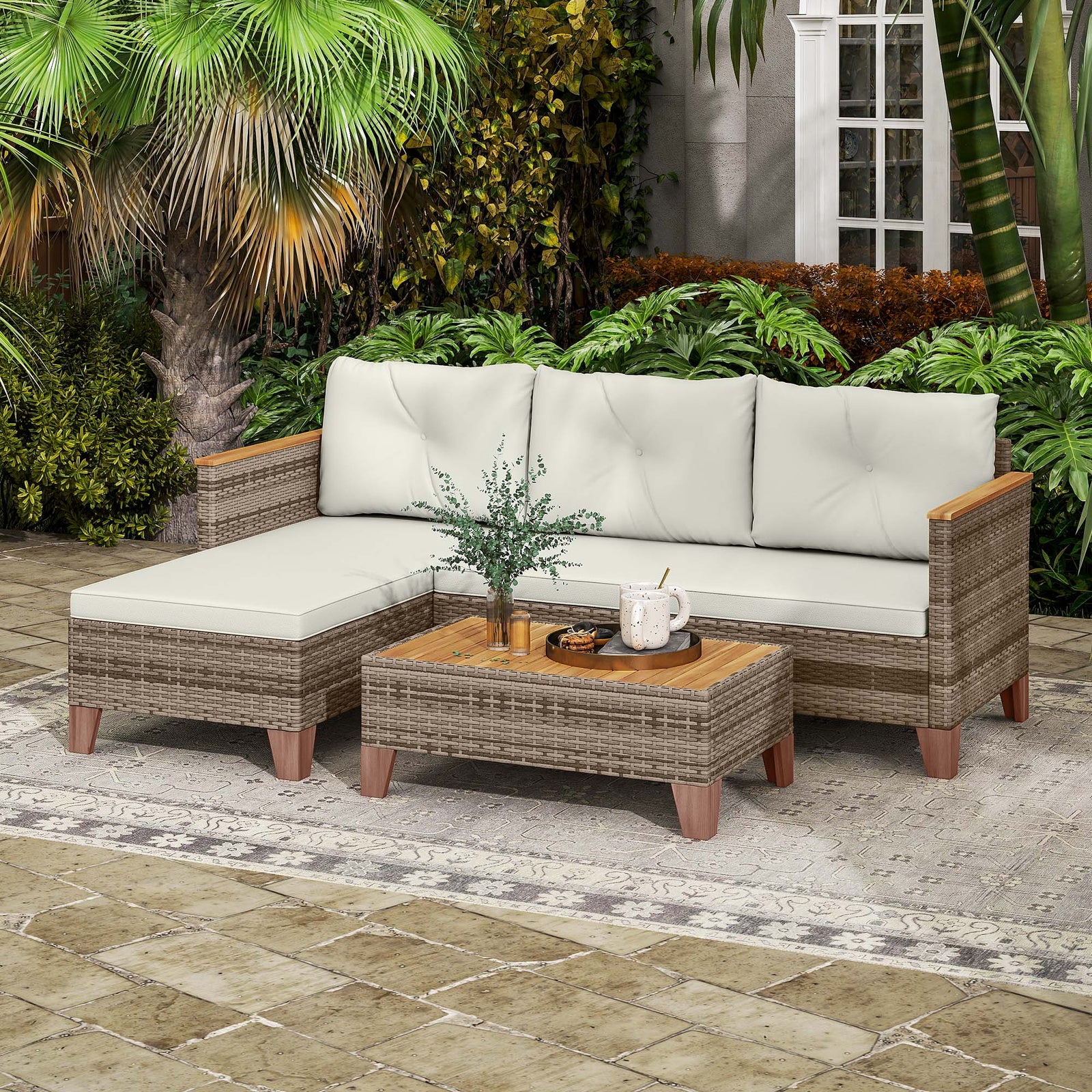 3 Pieces Rattan Lounge Set, L-shaped With Wood Table | Cream