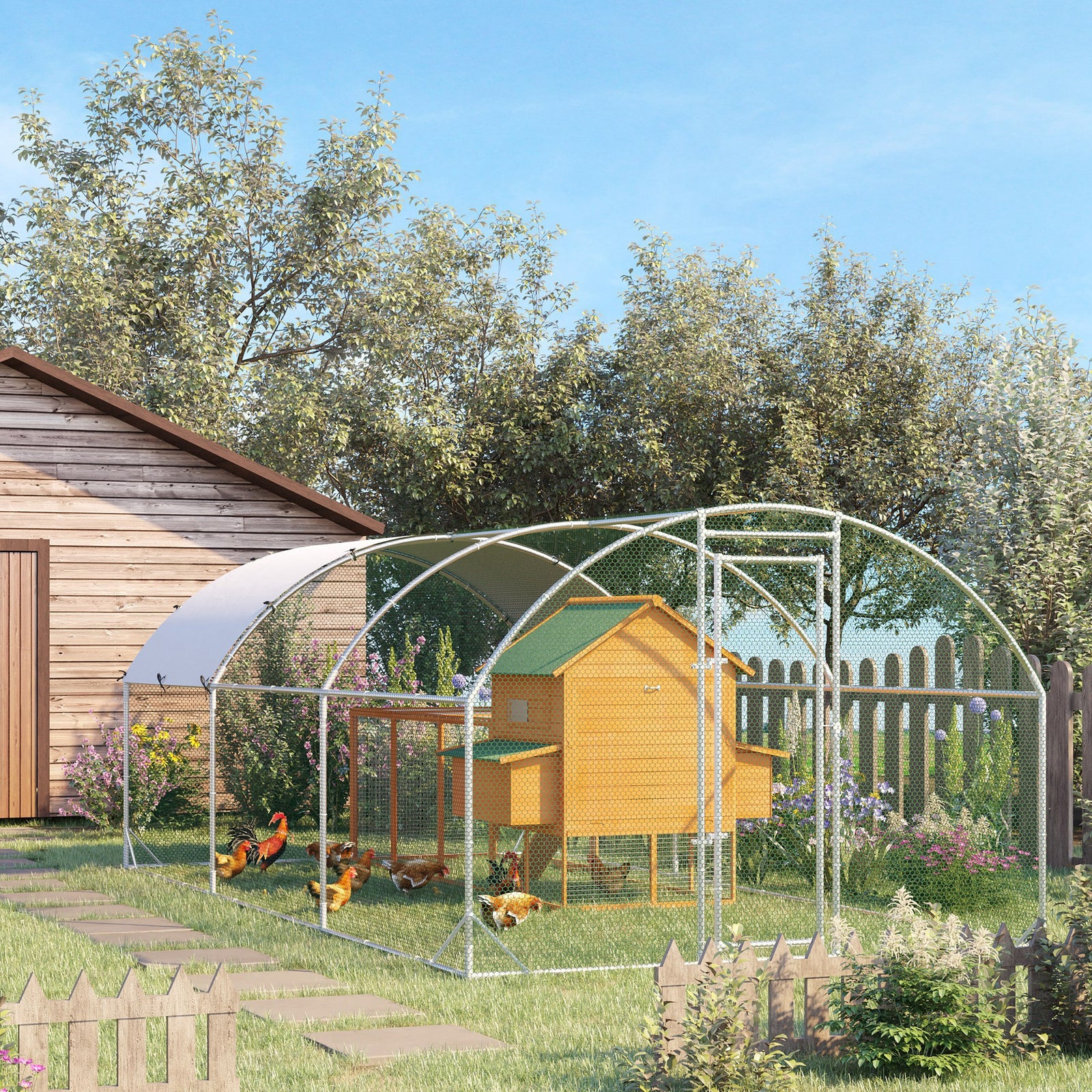 Walk-in Chicken Run Galvanised Chicken Coop W/ Cover | Large | Silver