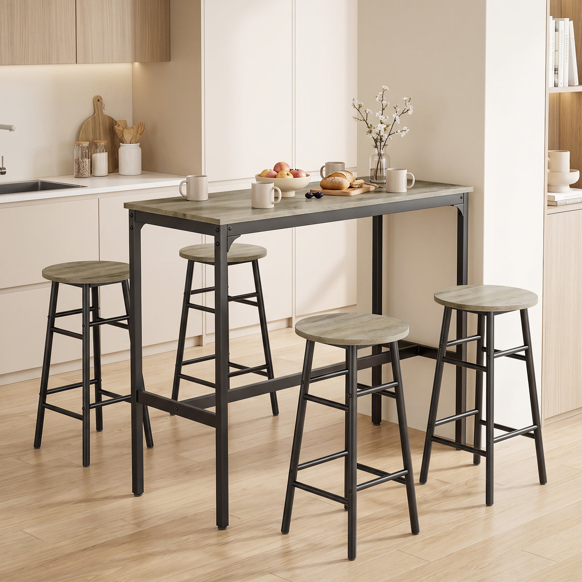 5 Piece Bar Set, Industrial Kitchen And Chair Set Grey Wood Effect