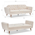 Velvet Click Clack Button Back Sofa Bed - 3 Seater | Cream