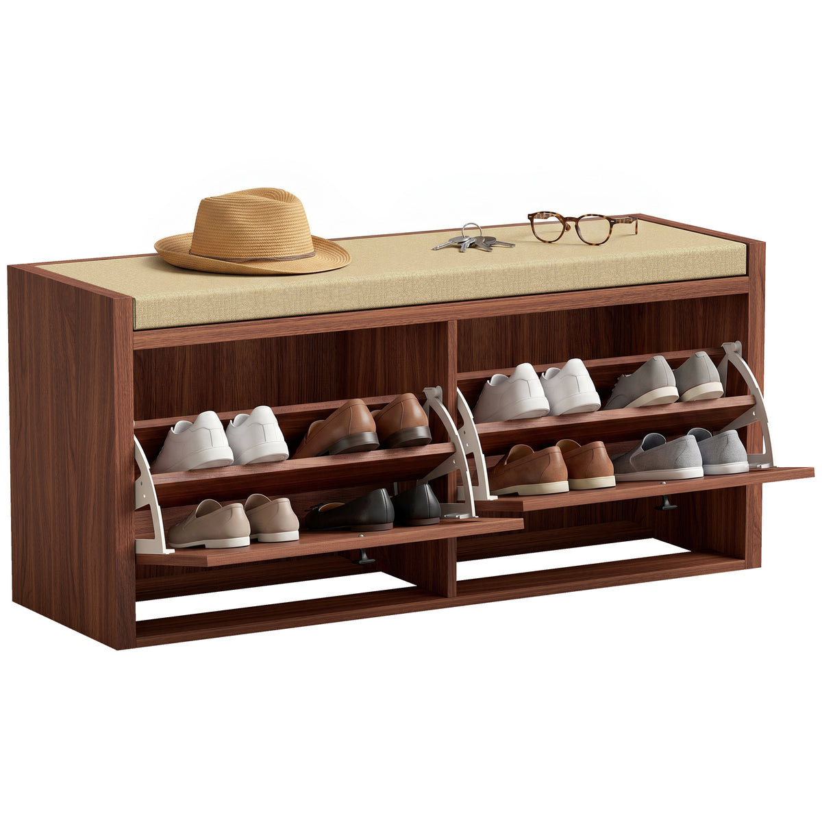 HOMCOM Rattan Shoe Bench With Padded Cushion And 2 Cabinets