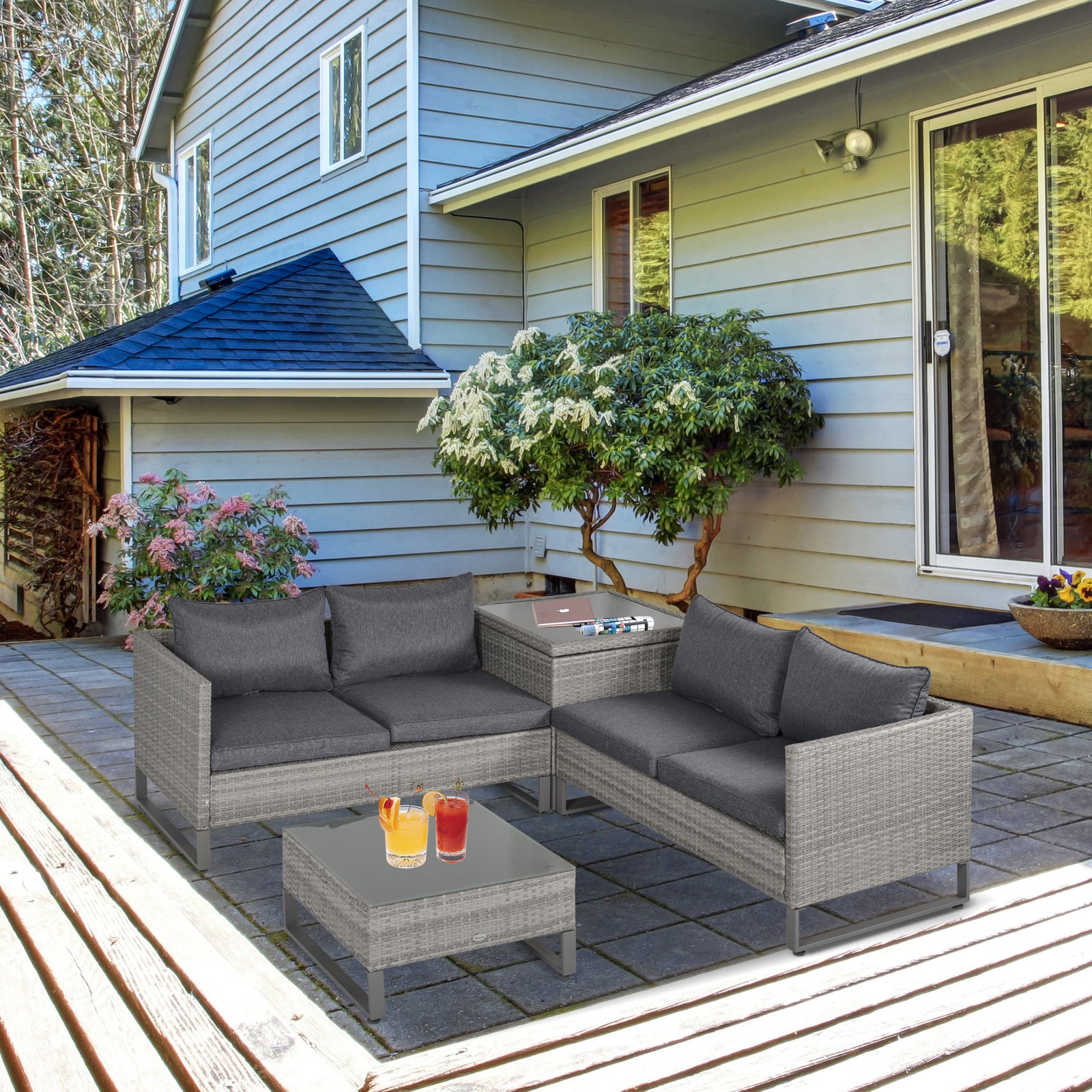 4 Pcs Rattan Sofa Set W/ Storage Box Outdoor