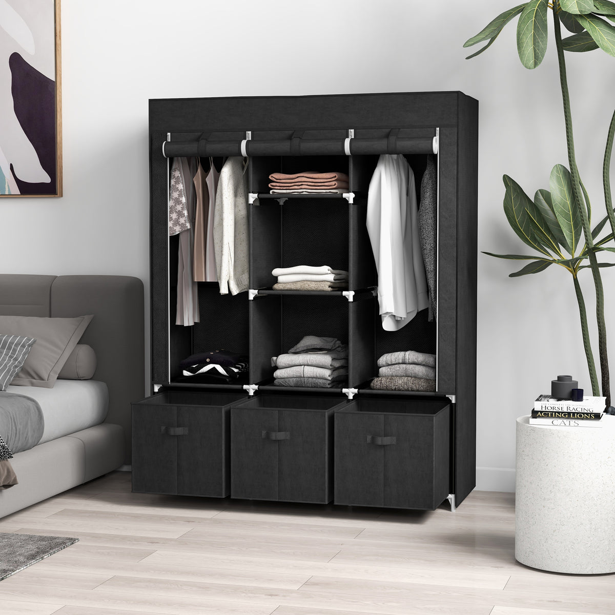 HOMCOM Portable Fabric Wardrobe With 5 Shelves And 3 Fabric Drawers, Black