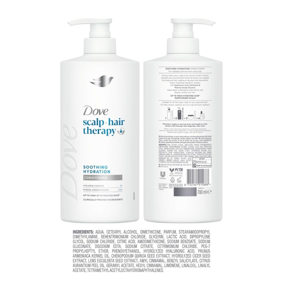 DOVE Scalp + Hair Therapy Soothing Hydration Conditioner 700ml 6 Pack, Peta