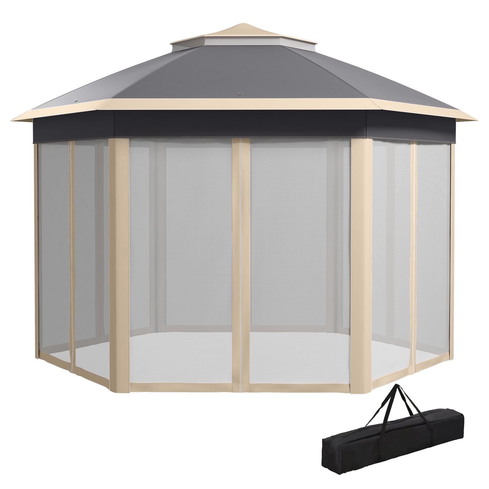 4x4m Hexagon Gazebo With Metal Frame Mesh Curtains Garden | Khaki