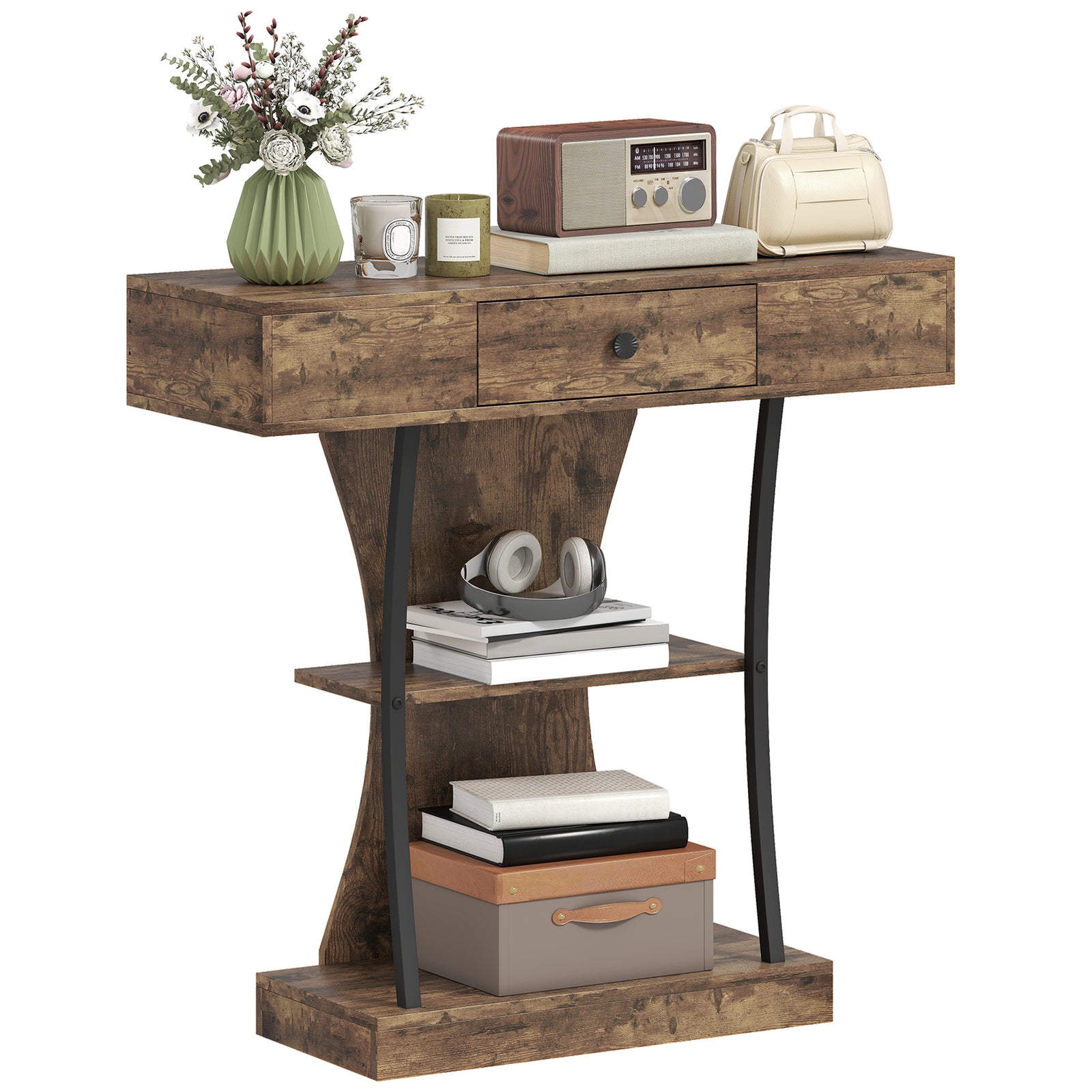 HOMCOM Console Table Hallway Table With Storage Shelves, Rustic Brown