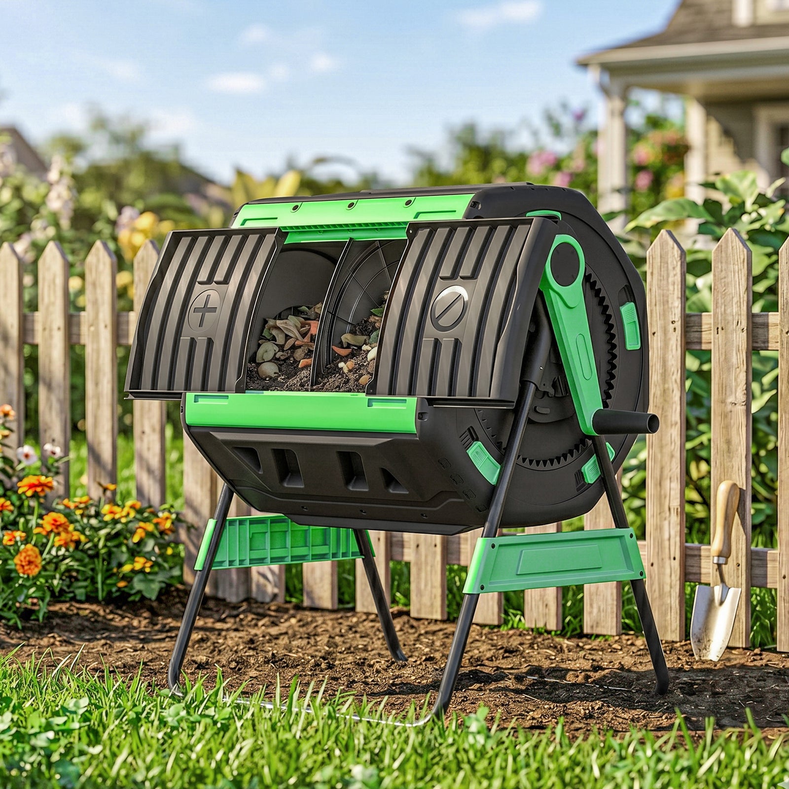 Outsunny 200l Compost Bin, Dual Chamber Rotating Tumbling Composter