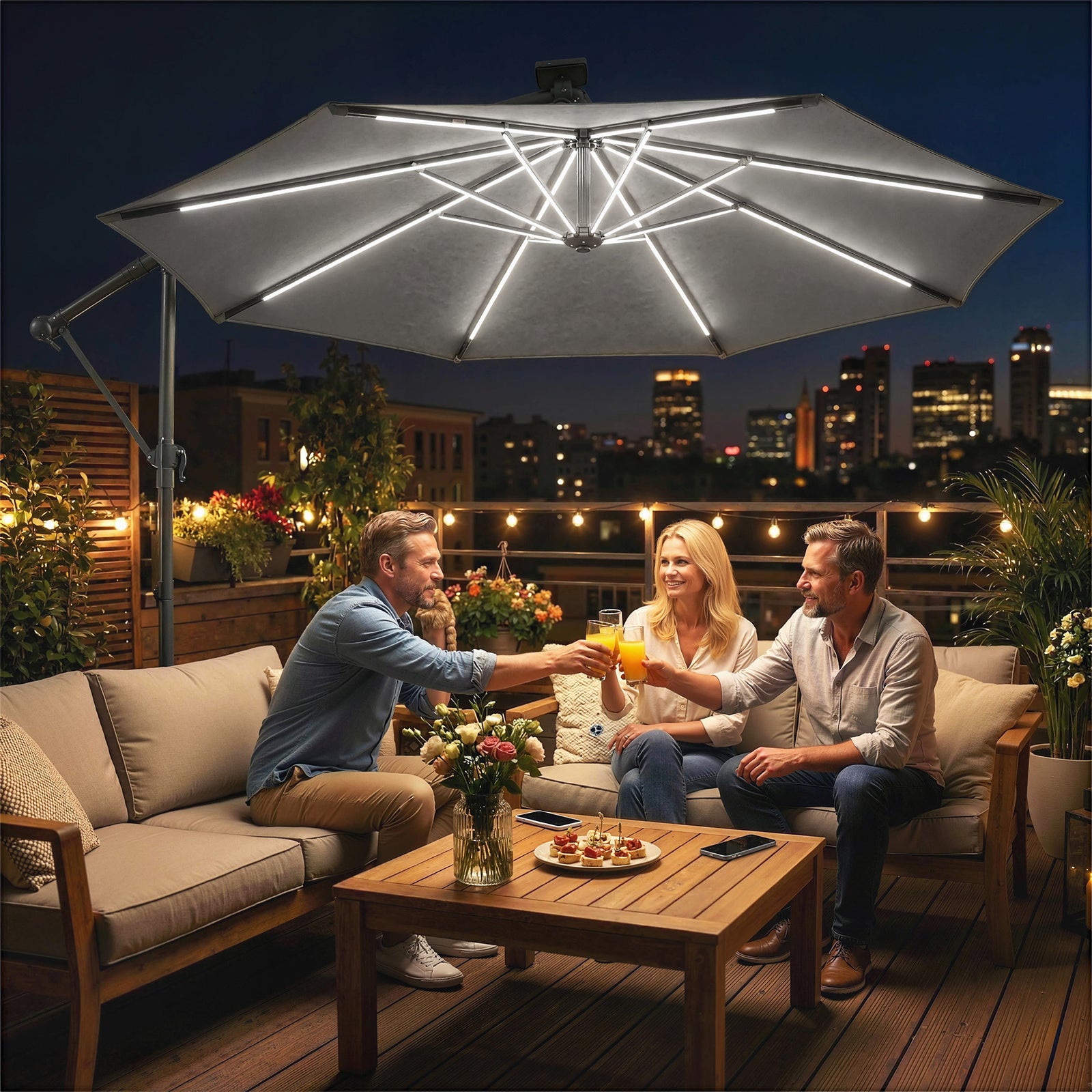 3 M Garden Cantilever Parasol With Solar Light, Rotation | Grey
