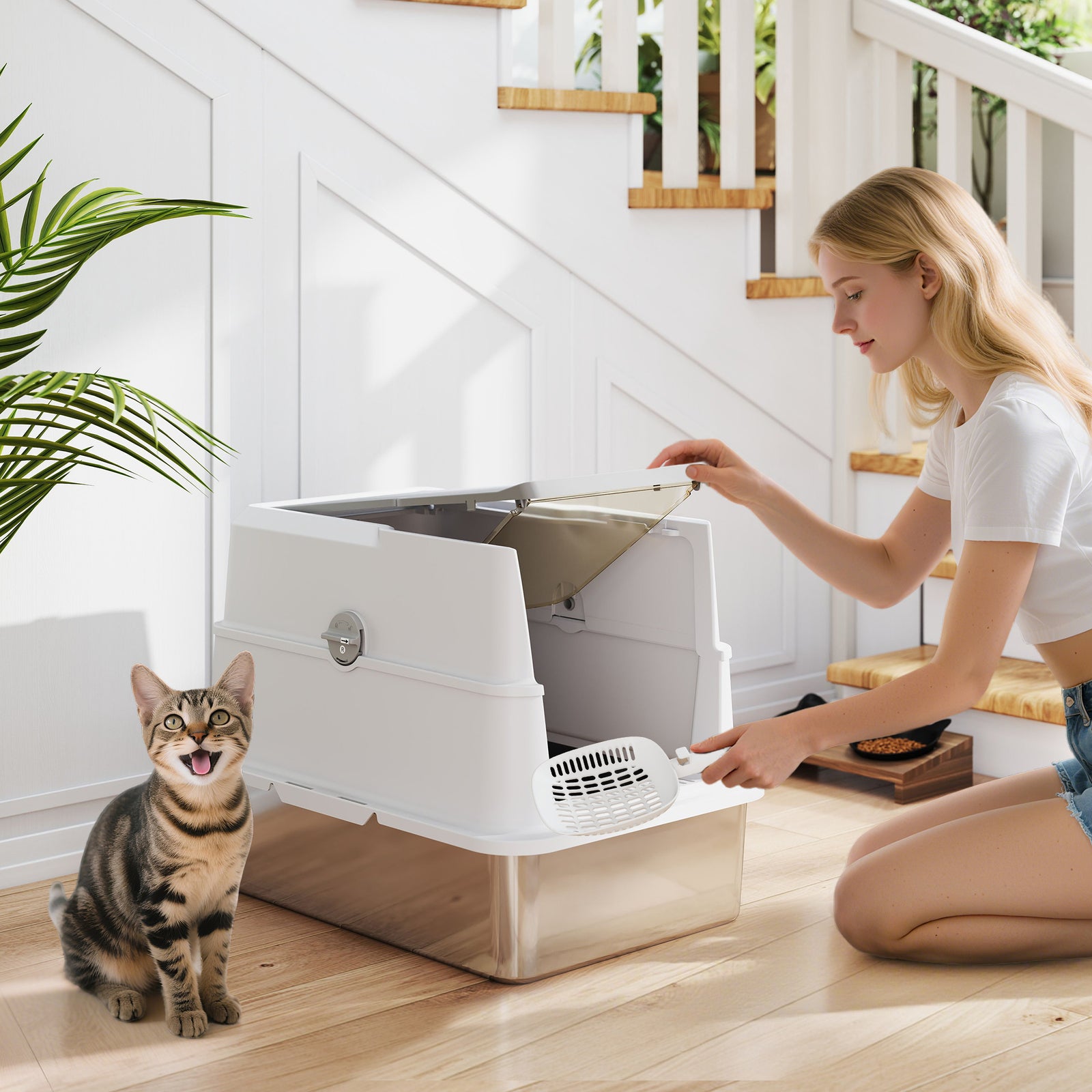 Extra Large Stainless Steel Cat Litter Tray With Scoop, Flip Top | Light Grey