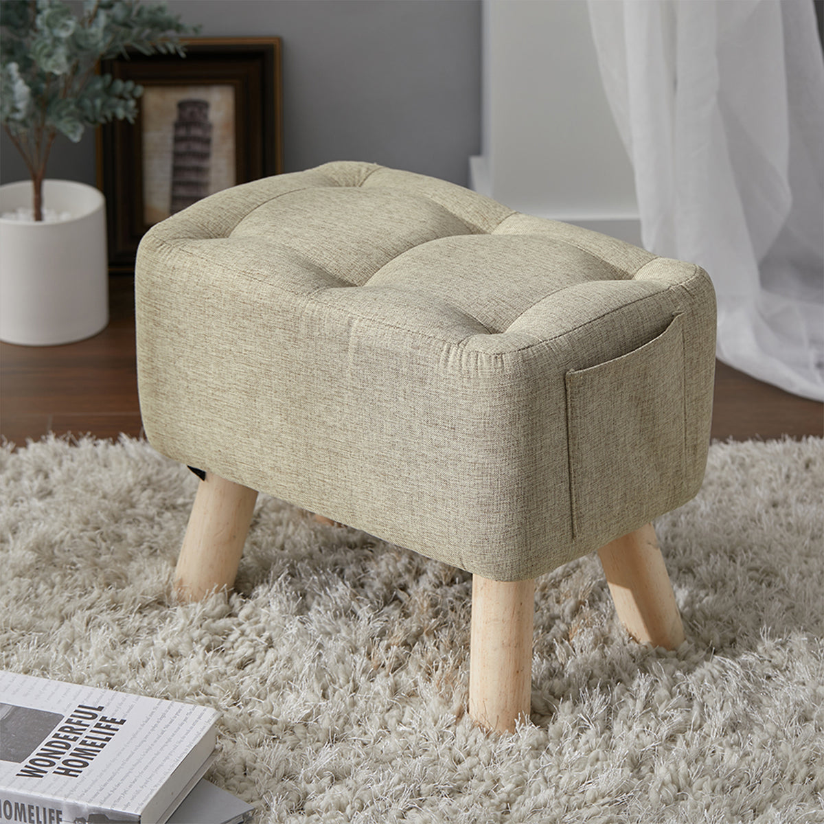 Living and Home Linen Upholstered Ottoman Footstool With Pocket