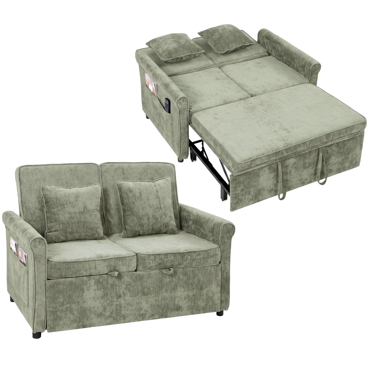2 Seater Sofa Bed, 3-in-1 Convertible Pull Out Sofa Bed | Light Green