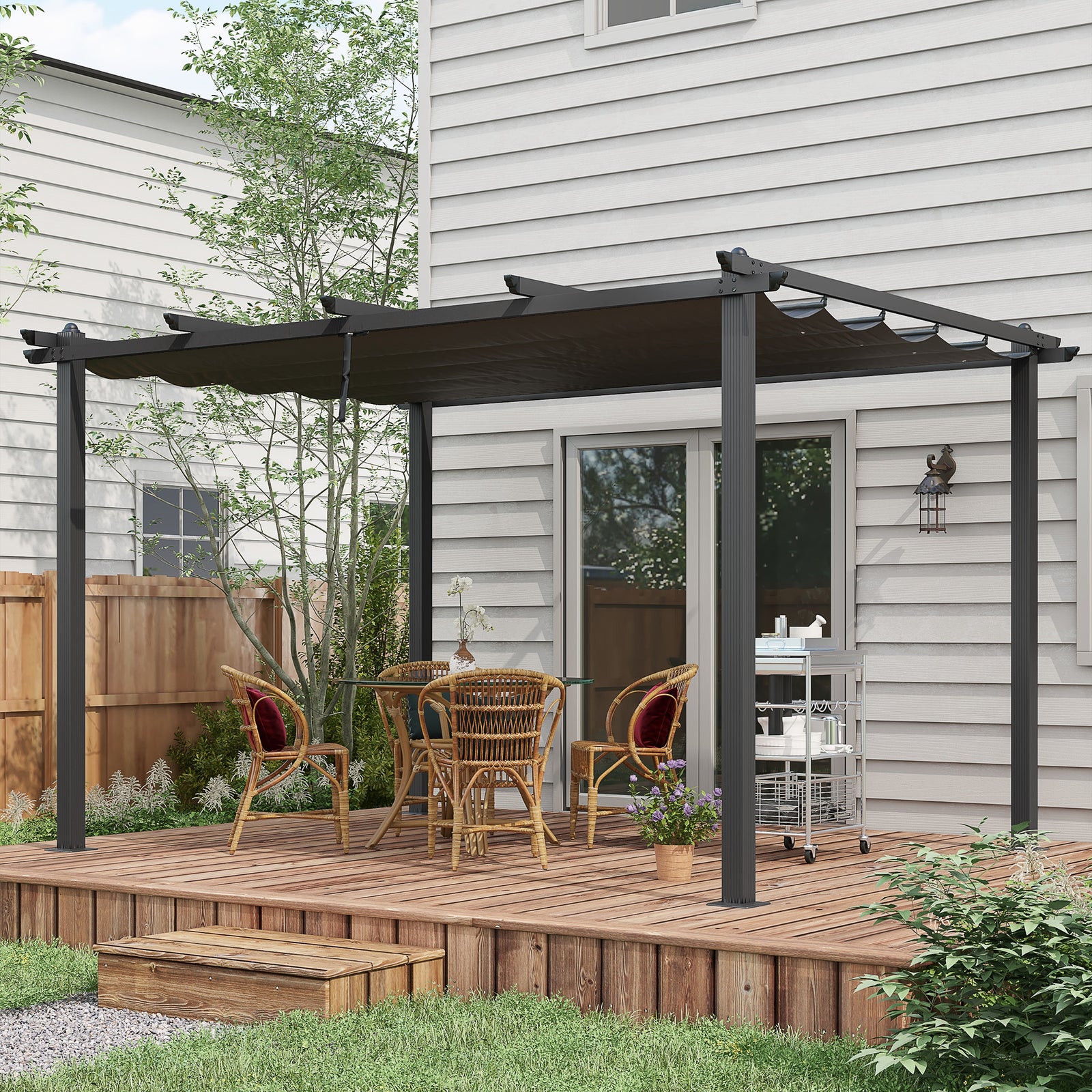 Aluminium Pergola W/ Retractable Roof, Garden Gazebo Canopy | Large | Dark Gray