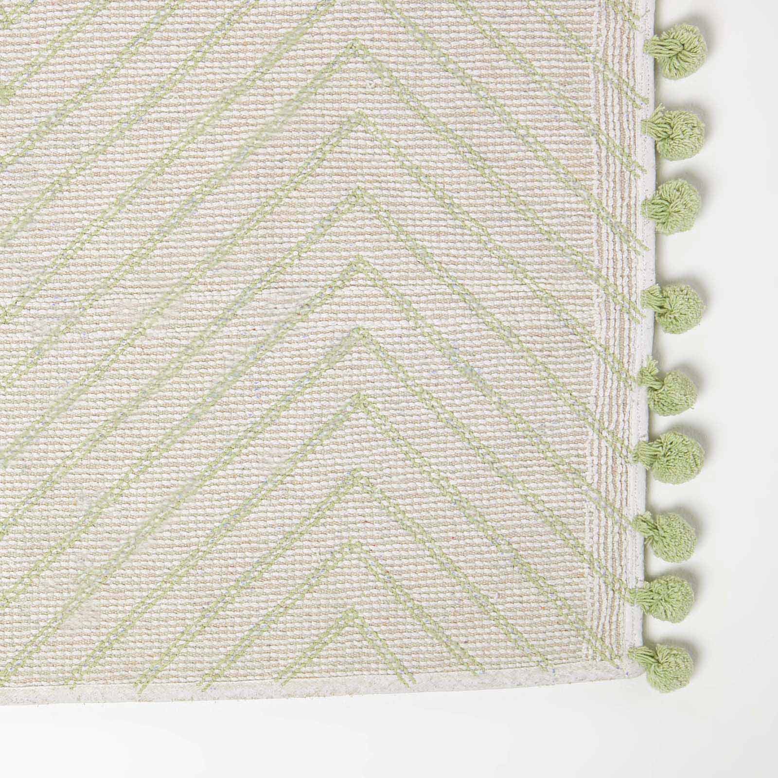 Tufted Cotton Bath Mat Zig Zag Design With Pom Poms | 50 x 80cm | Sage Green