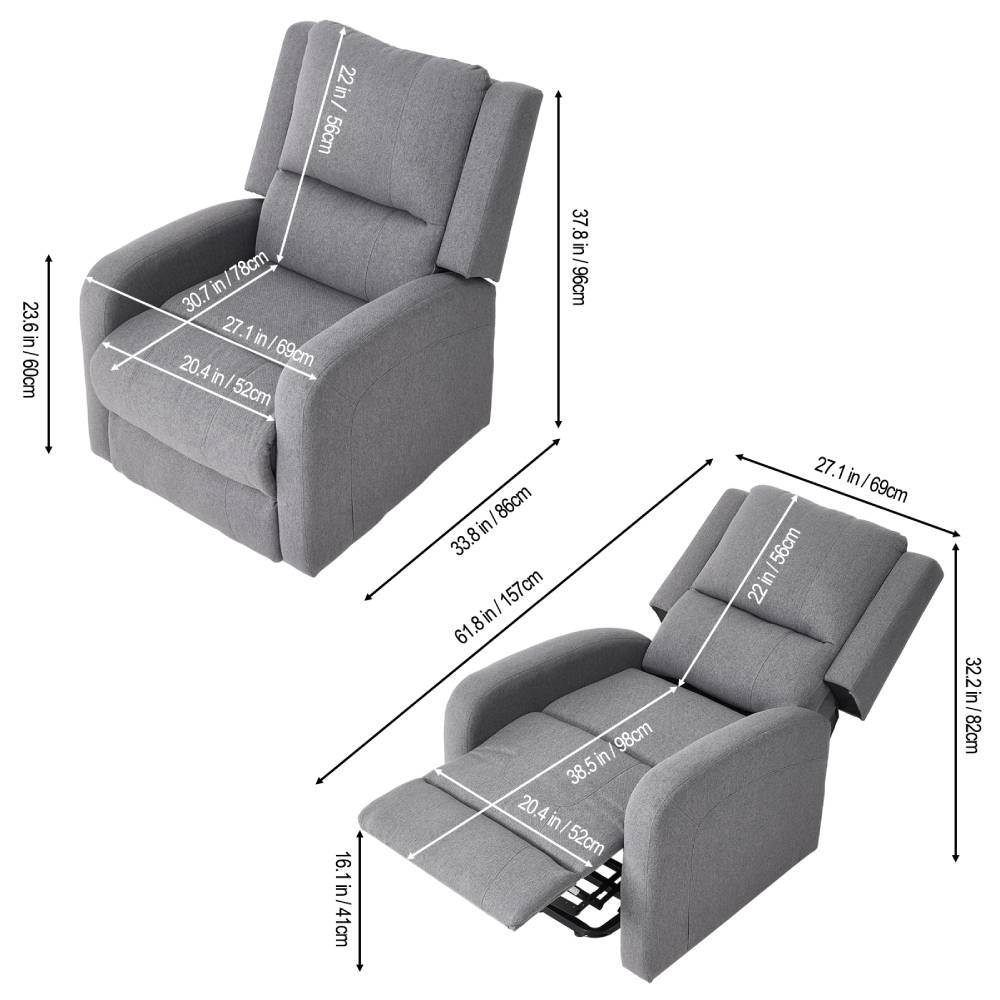 Living and Home Massage Recliner Chair With Heat – Push-back Single Sofa, 8-point Vibration, 5 Modes & Timer, Grey Linen