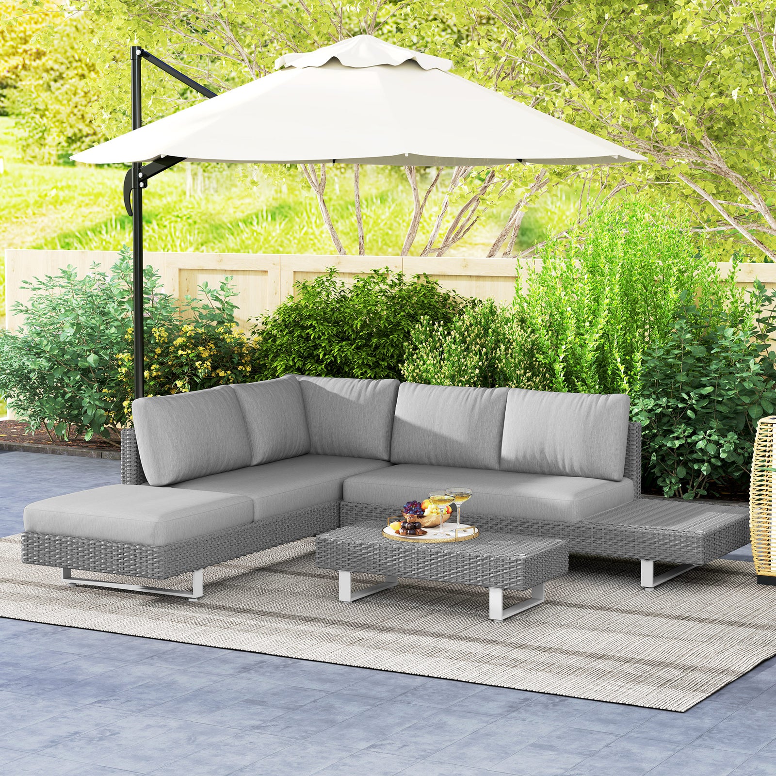 3pc Rattan Wicker Sofa Set With Tea Table & Cushions