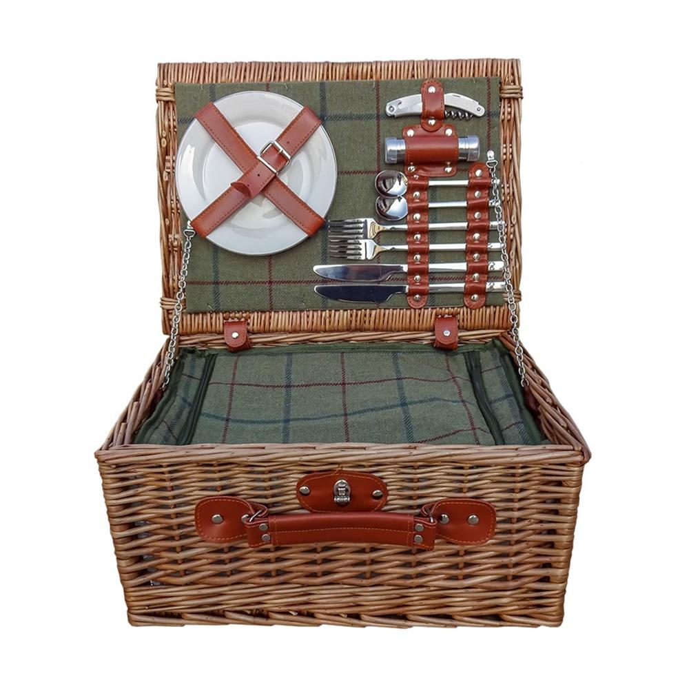 Badminton 2 Person Green Tweed Fitted Picnic Wicker Basket