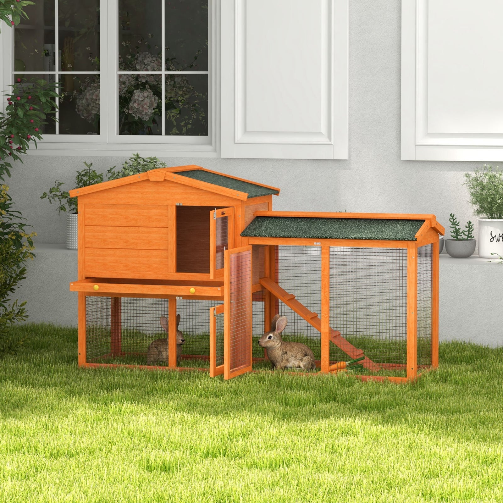 Wooden Rabbit Hutch With Run, Ramp, Slide-out Tray, Orange