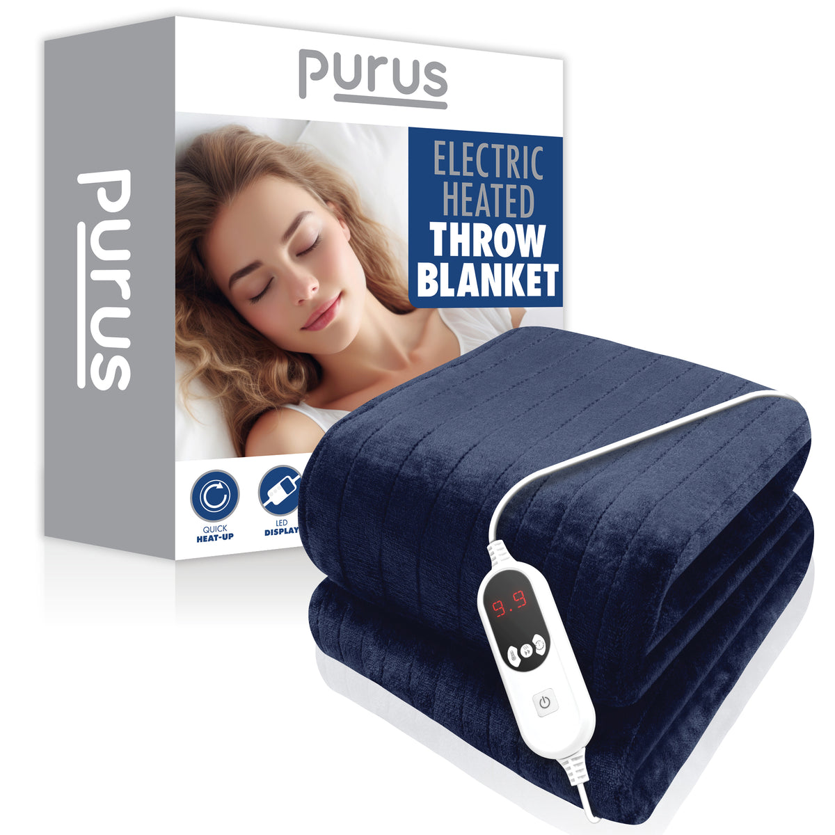 Deluxe Electric Throw Heated Double Over Blanket Soft Fleece 9 Heat & 12 Timer Settings | L | Navy Blue