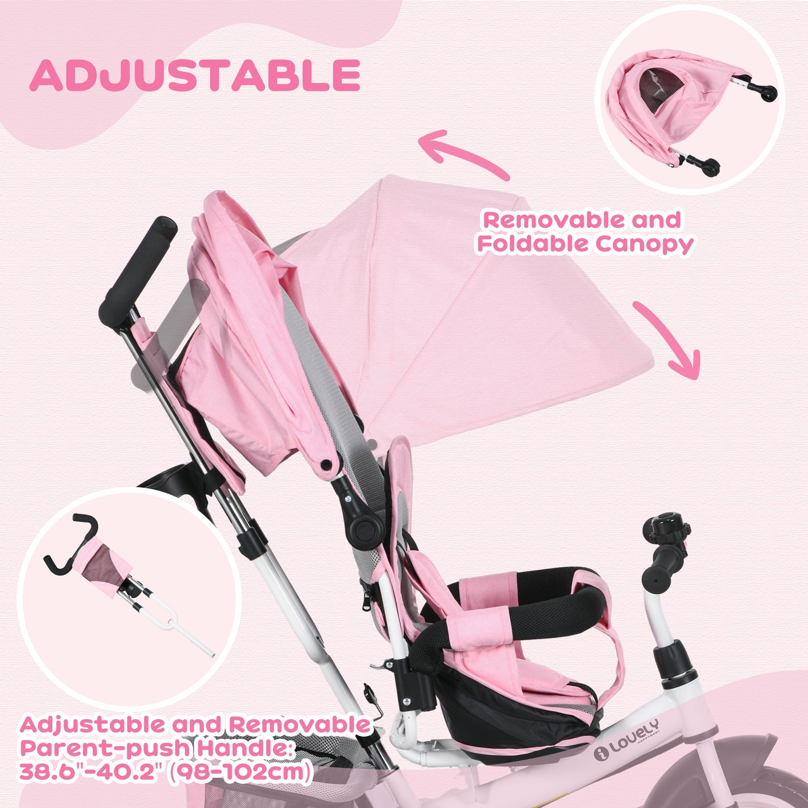 6 In 1 Kids Trike, Stroller With Parent Handle | Pink
