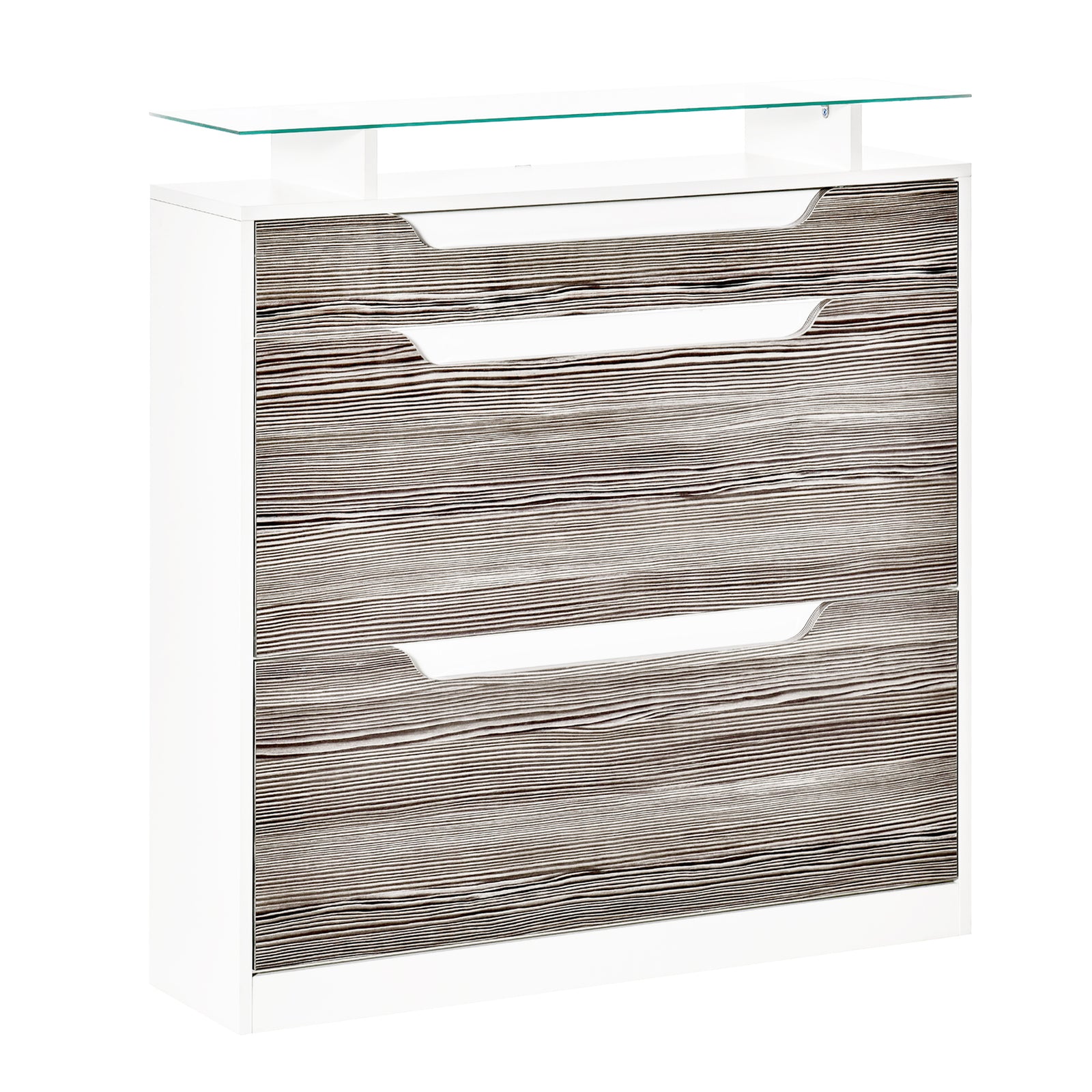 Shoe Cabinet W/ 3 Drawers, High Gloss Front Panels Glass Top | One Size
