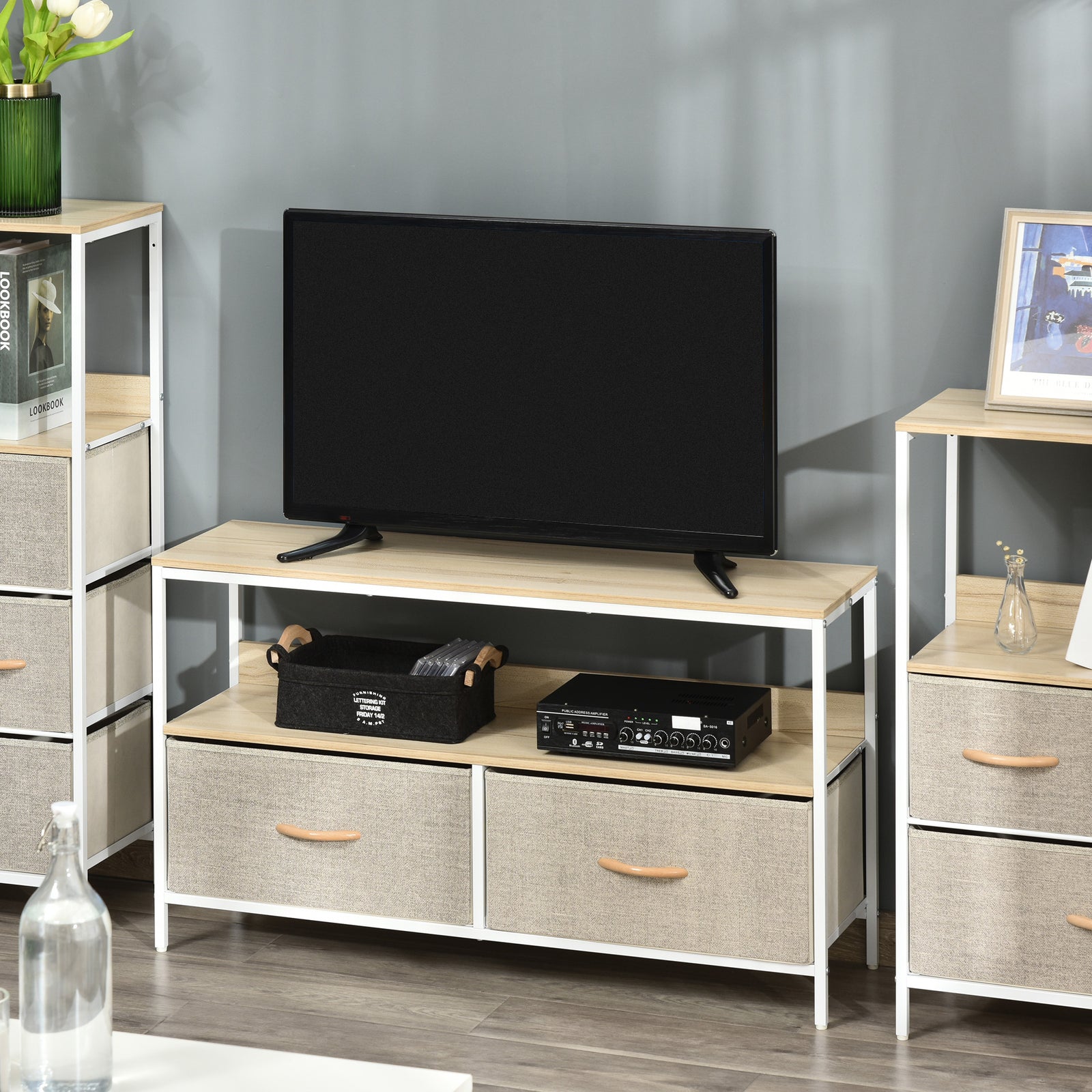 Tv Cabinet Console With Foldable Linen Drawers | Brown
