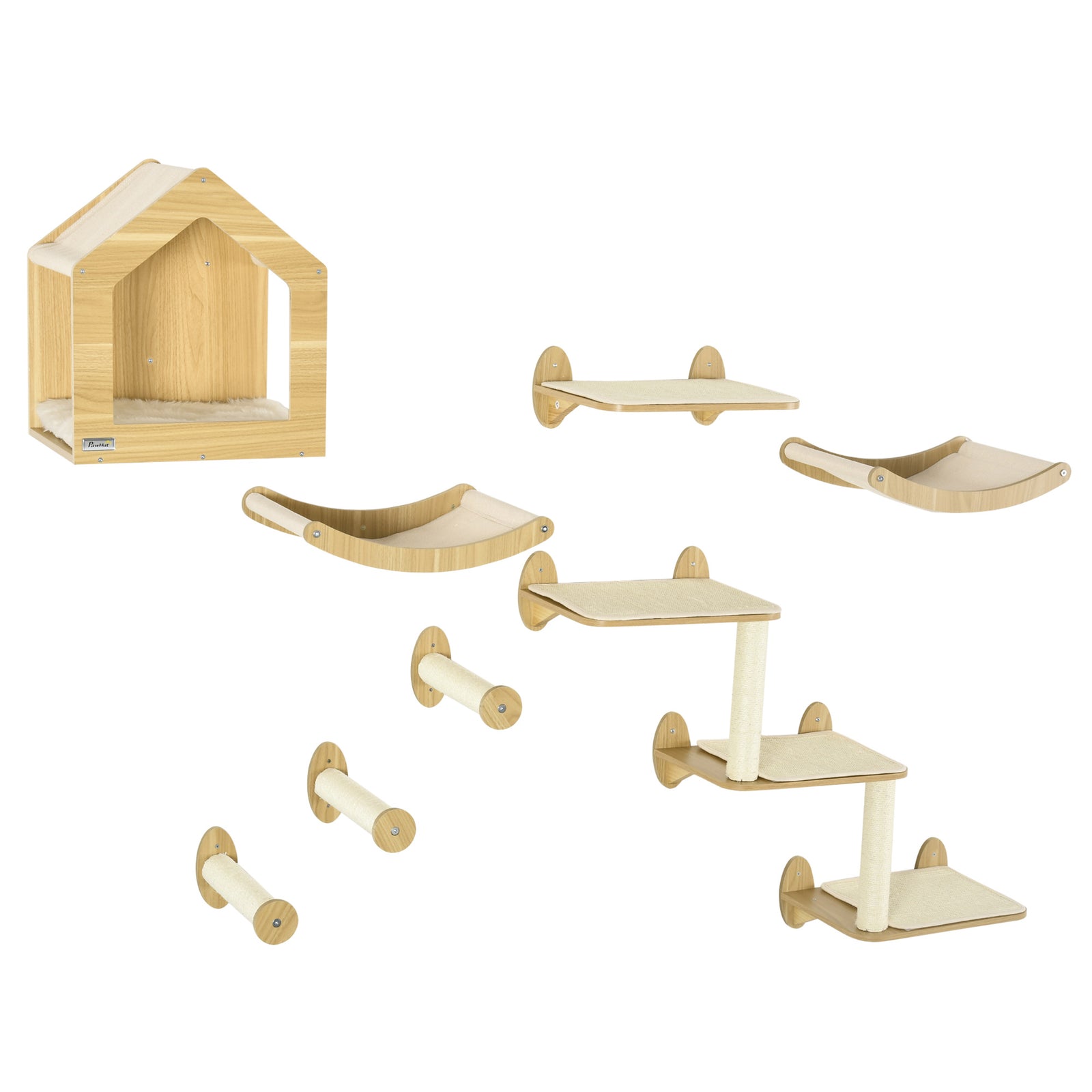 8 Piece Cat Shelves Set With Cat House, 3 Perches